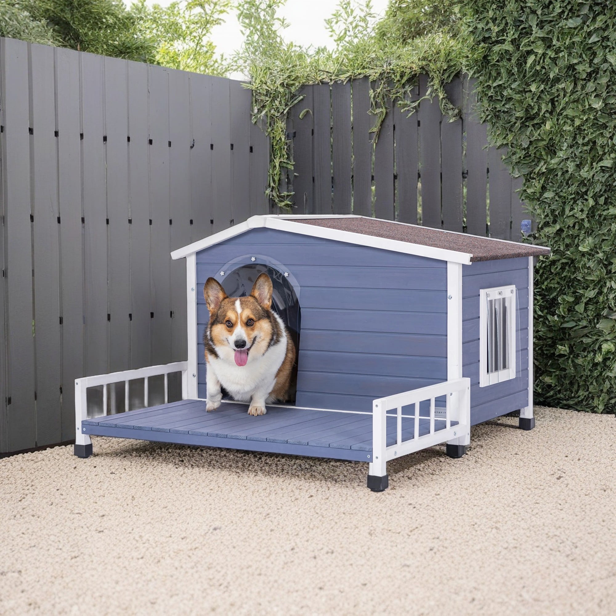 Pefilos 44" Wooden Dog House Outdoor Large Dog Kennel Weatherproof with Raised Floor, Windows and Door Curtains for Small to Medium Dogs, Gray Pefilos 44" Wooden Dog House Outdoor Large Dog Kennel Weatherproof with Raised Floor, Windows and Door Curtains for Small to Medium Dogs, Gray