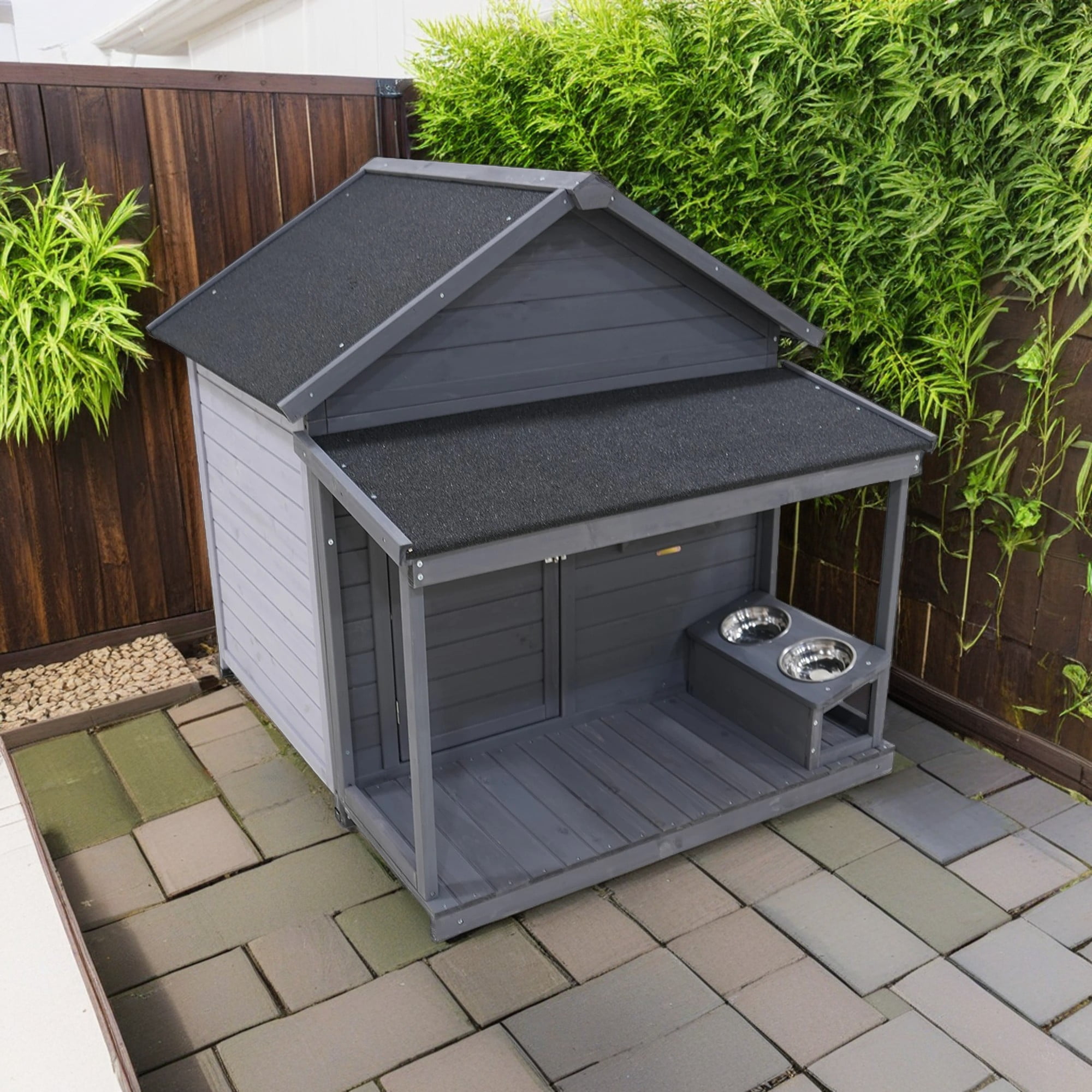 Pefilos 44" Wooden Dog House Outdoor Large Dog Kennel Weatherproof with Small Doors that Can Be Locked, Terrace for Small to Medium Dogs, Gray Pefilos 44" Wooden Dog House Outdoor Large Dog Kennel Weatherproof with Small Doors that Can Be Locked, Terrace for Small to Medium Dogs, Gray