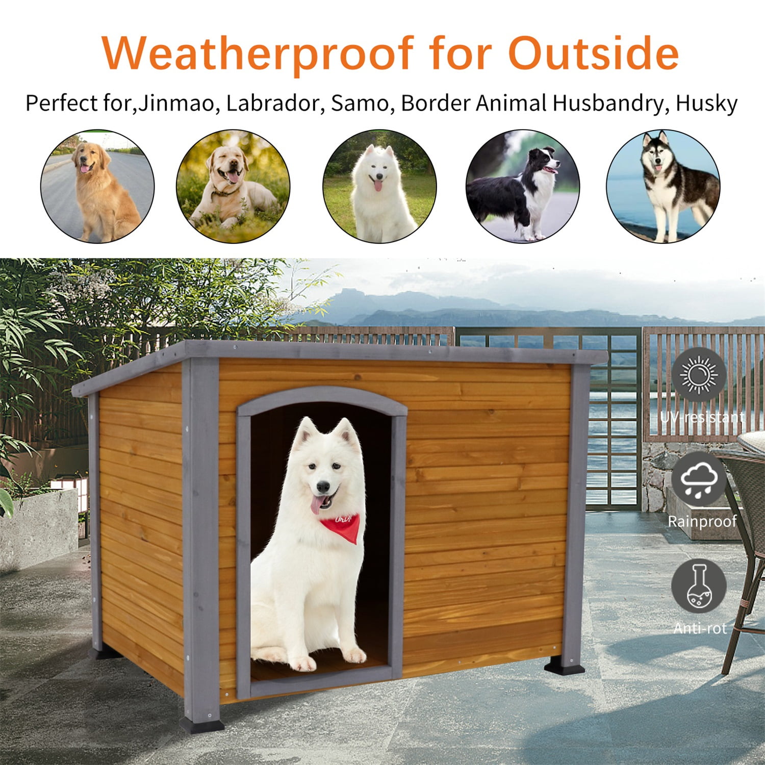 Pefilos 44 Wooden Dog House for Medium to Large Dogs Outdoor Weatherproof  Pet Cat House with Plastic Curtain, Insulation Mat, Brown 