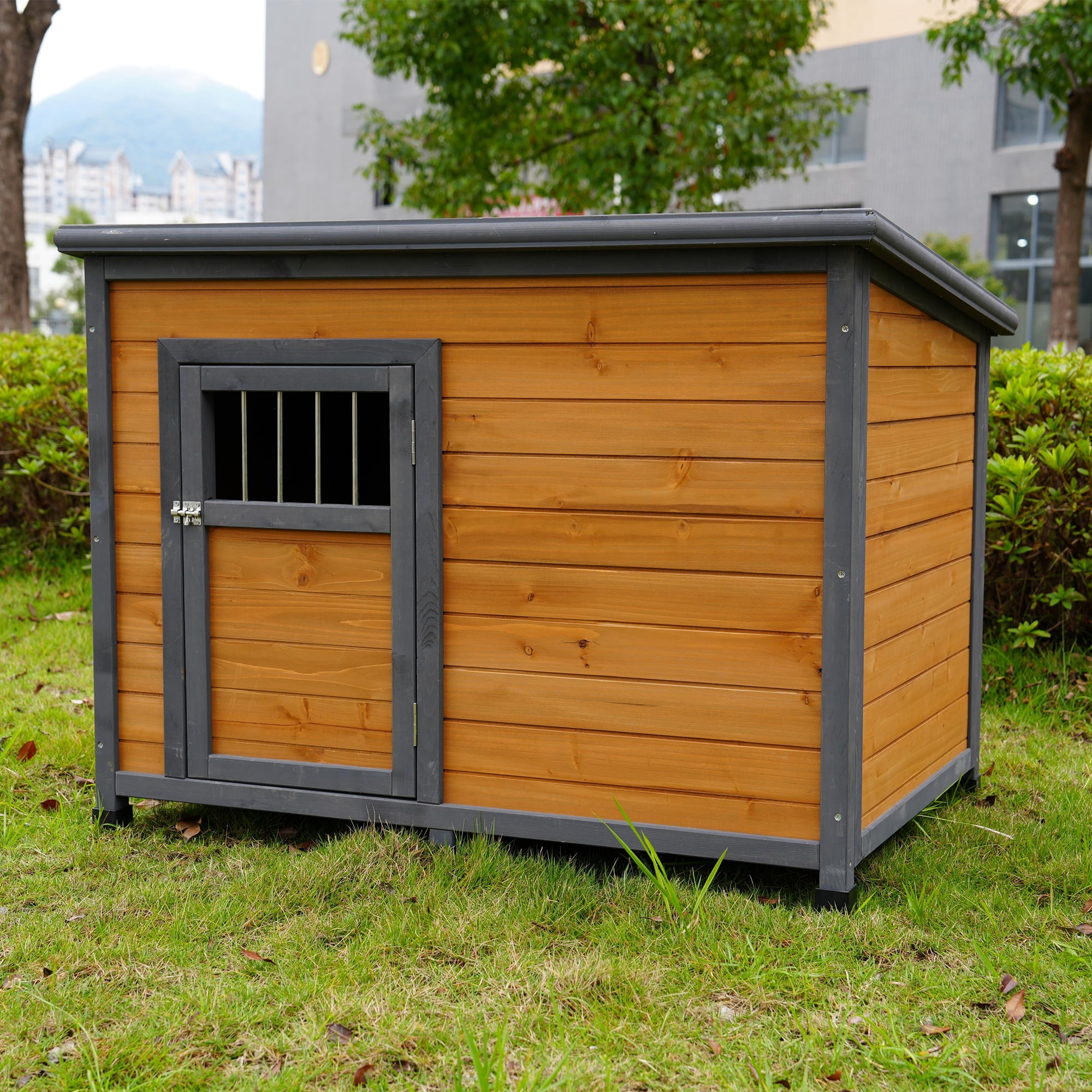 Pefilos 44" Wooden Outdoor Dog Houses Durable Large Cat House Perfect for Small Pet House with Waterproof PVC Plastic Roof, Breathable Doors, Brown Pefilos 44" Wooden Outdoor Dog Houses Durable Large Cat House Perfect for Small Pet House with Waterproof PVC Plastic Roof, Breathable Doors, Brown