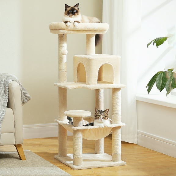 Pefilos 45" Cat Tree Tower for Indoor Cats, 5-Level Cat Condo for Large Cats with Large Hammock, Big Top Perch and 4 Sisal Covered Scratching Pos, Beige