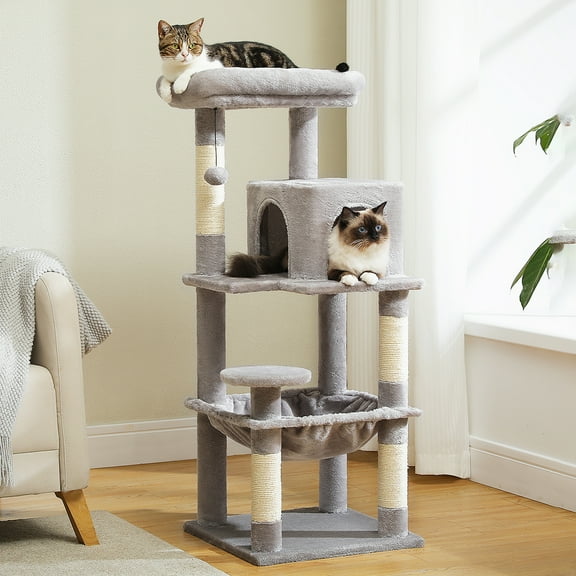 Pefilos 45" Cat Tree Tower for Indoor Cats, 5-Level Cat Condo for Large Cats with Large Hammock, Big Top Perch and 4 Sisal Covered Scratching Pos, Gray