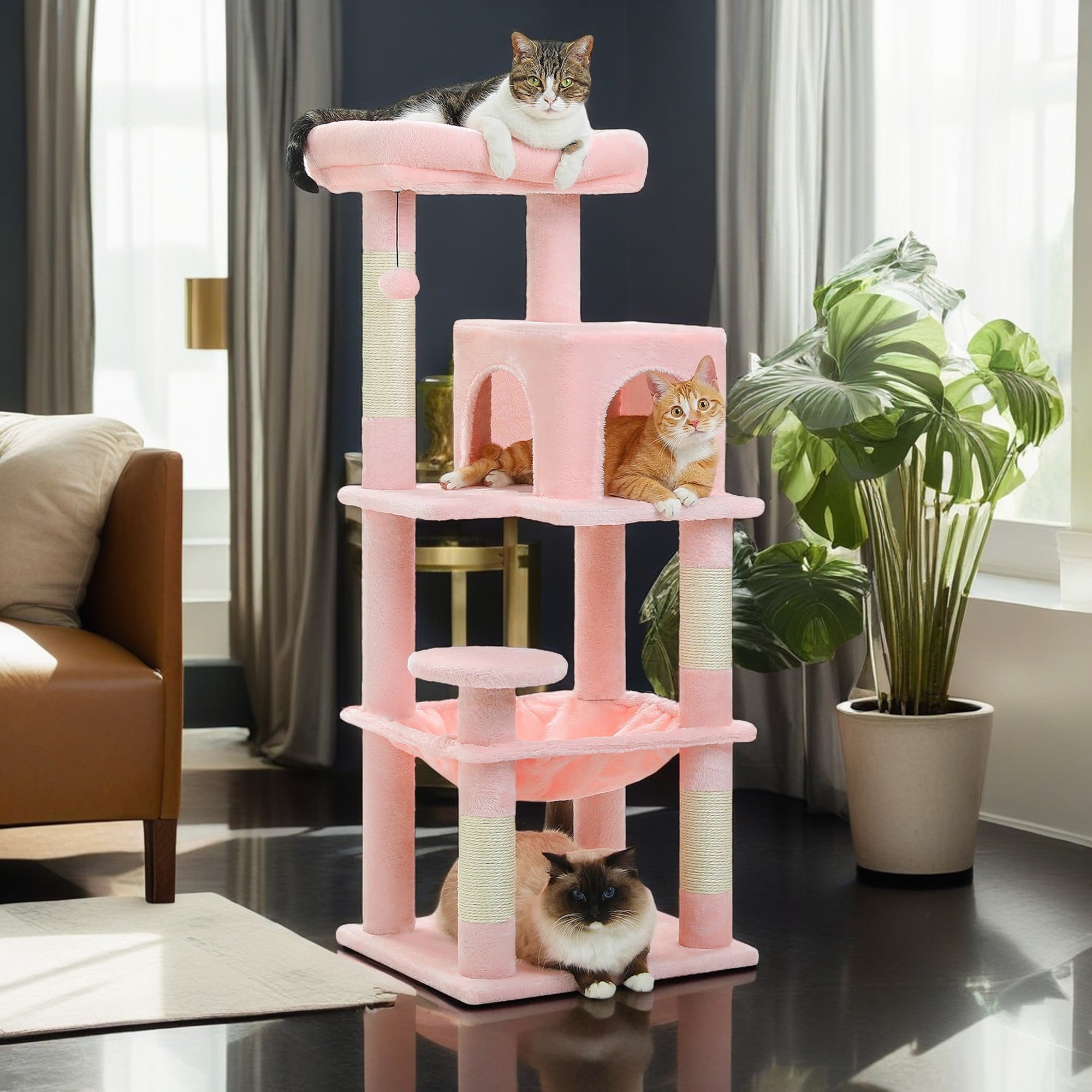 Pefilos 45" Cat Tree Tower for Indoor Cats, 5-Level Cat Condo for Large Cats with Large Hammock, Big Top Perch and 4 Sisal Covered Scratching Pos, Pink Pefilos 45" Cat Tree Tower for Indoor Cats, 5-Level Cat Condo for Large Cats with Large Hammock, Big Top Perch and 4 Sisal Covered Scratching Pos, Pink