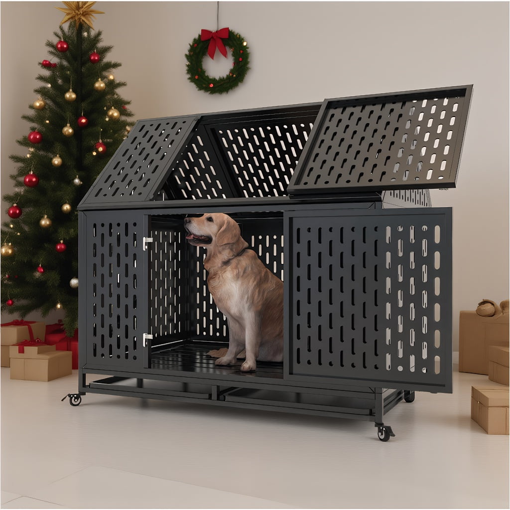 Pefilos 45" Dog Crate, Heavy Duty Large Pet Dog Kennel for Small / Large Dogs, Metal Pet Playpen Dog Cage w/ Tray Wheels, Tip Roof, Black