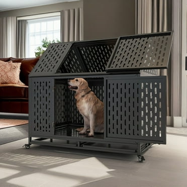 Pefilos 45" Heavy Duty Metal Dog Crate with 4 Universal Wheels, Dog Kennel for High Anxiety Large/Extra Dogs, Indoor Large Dog Cage, Black