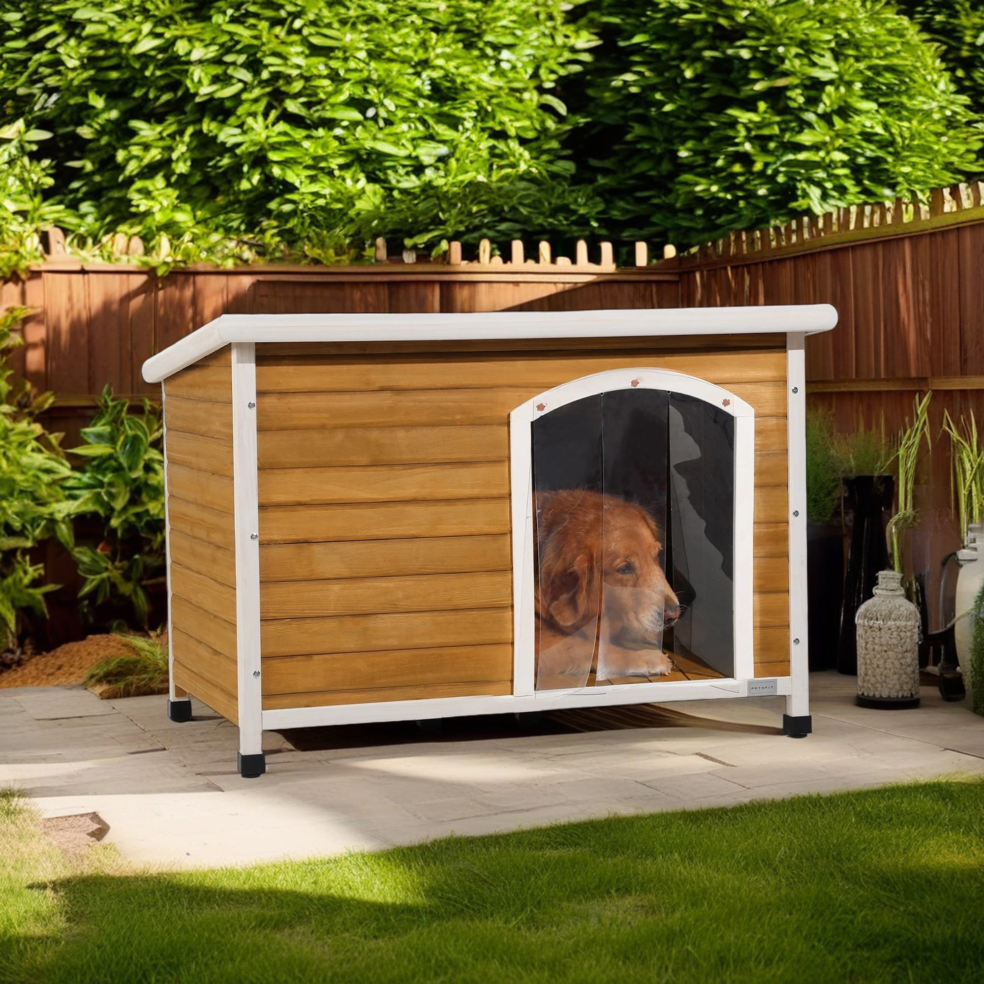 Pefilos Large Outdoor Dog House, Waterproof, Sturdy, Insulated, with Plastic Curtain, Brown