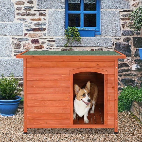 Pefilos 45" Wood Dog Houses for Large Dogs Outdoor Weatherproof Pet Cat House, Green Sloping Roof Dog Kennel, Orange