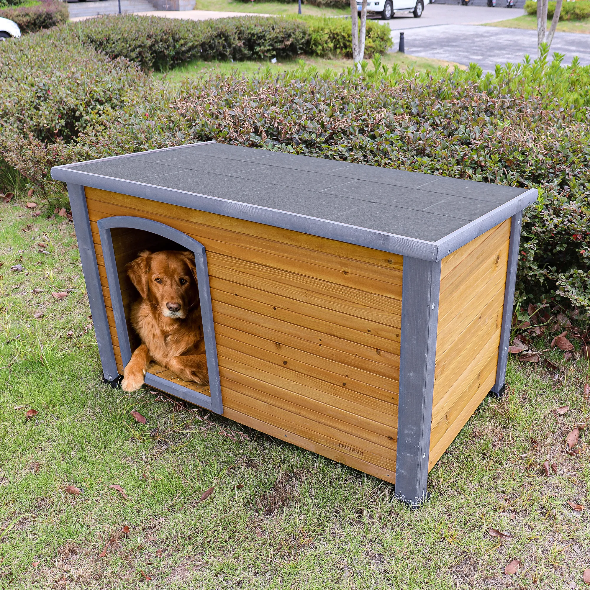 Pefilos 45" Wooden Dog Houses for Large Dogs Outdoor Weatherproof Pet Cat House, Elevated Floor, Dark Gray Roof, Brown