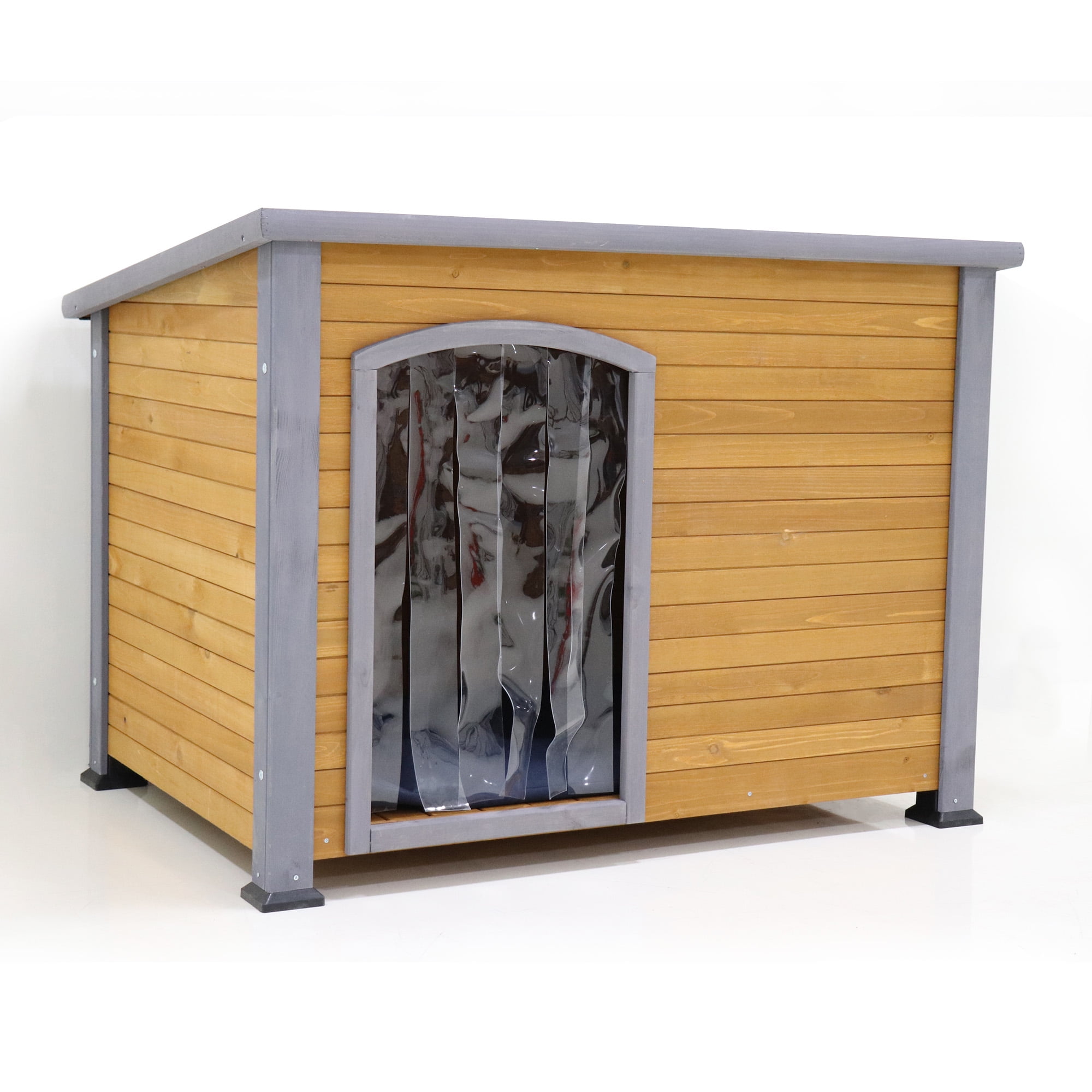 Pefilos 45" Wooden Dog Houses for Large Dogs Outdoor Weatherproof Pet House with Plastic Curtain, Insulation Mat, Brown Pefilos 45" Wooden Dog Houses for Large Dogs Outdoor Weatherproof Pet House with Plastic Curtain, Insulation Mat, Brown