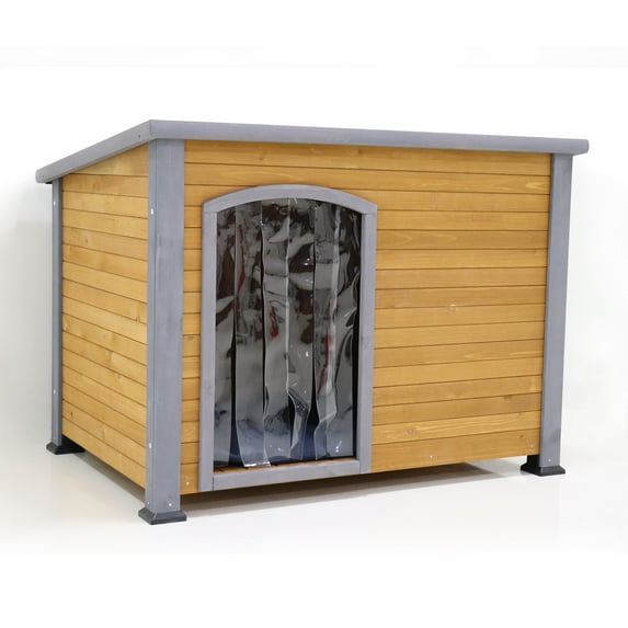 Pefilos 45" Wooden Dog Houses for Large Dogs Outdoor Weatherproof Pet House with Plastic Curtain, Insulation Mat, Brown