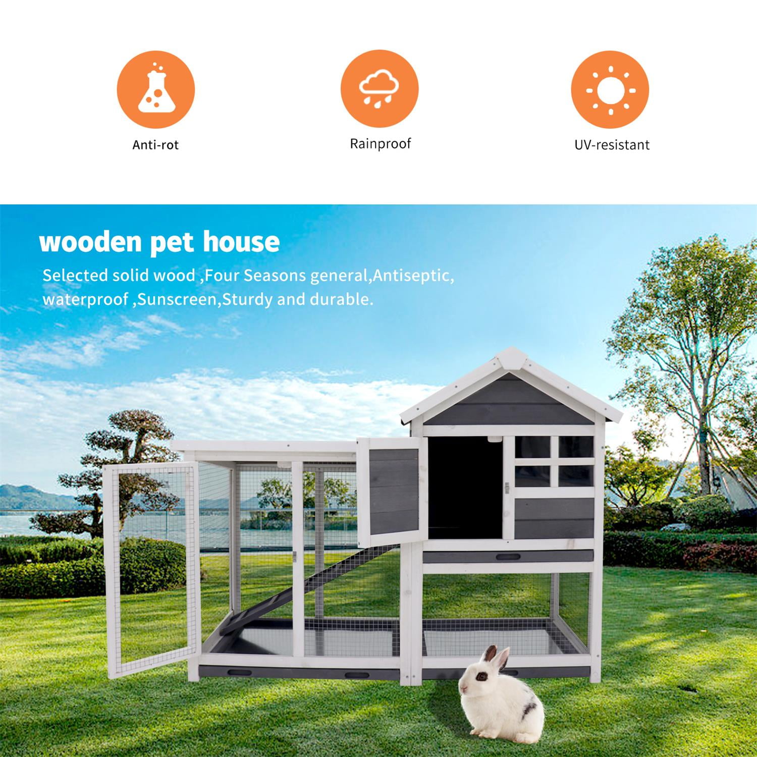 Pefilos 45" Wooden Rabbit Hutch for Outdoor, Chicken Coop for Indoor Bunny Cage Habitat with No Leak Tray, Guinea Pig Hutch, Gray Pefilos 45" Wooden Rabbit Hutch for Outdoor, Chicken Coop for Indoor Bunny Cage Habitat with No Leak Tray, Guinea Pig Hutch, Gray