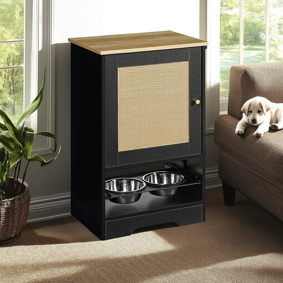 Pefilos 32" Dog Food Storage Cabinet with 2 Elevated Dog Bowls, Side Hooks, Anti-tip Kit, Pet Feeding Station Food Cabinet Furniture Cat Toy Storage Containers, Black