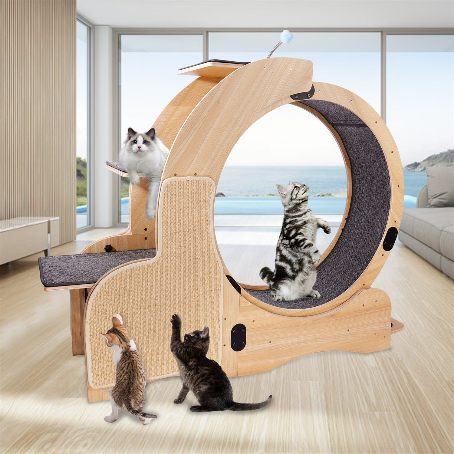 Pefilos 46" Cat Sports Running Wheel, Cat Exercise Wheel Wood Climbing Frame, Cat Litter Fitness Wheel, Oversized Roller Cat Indoor Activity Center, Beige Pefilos 46" Cat Sports Running Wheel, Cat Exercise Wheel Wood Climbing Frame, Cat Litter Fitness Wheel, Oversized Roller Cat Indoor Activity Center, Beige