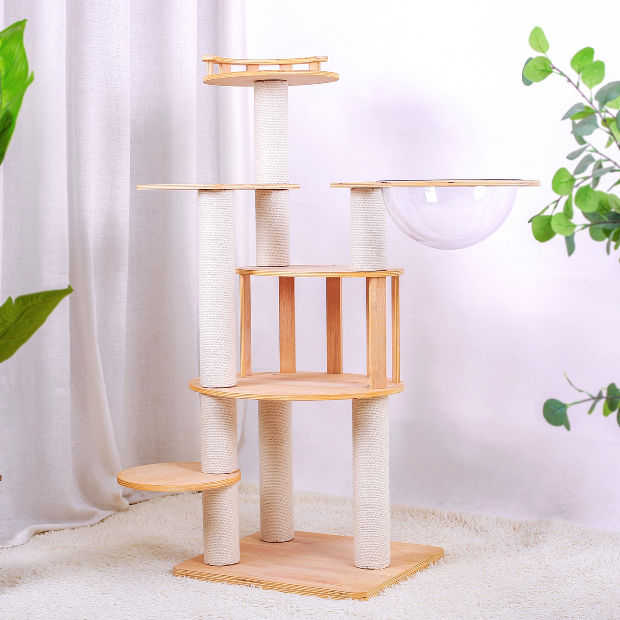 Pefilos 46" Cat Tree Tower for Indoor Cats, Multi-Level Wood Cat Condo for Large Cats with Space Capsule, Top Perch, Beige Pefilos 46" Cat Tree Tower for Indoor Cats, Multi-Level Wood Cat Condo for Large Cats with Space Capsule, Top Perch, Beige