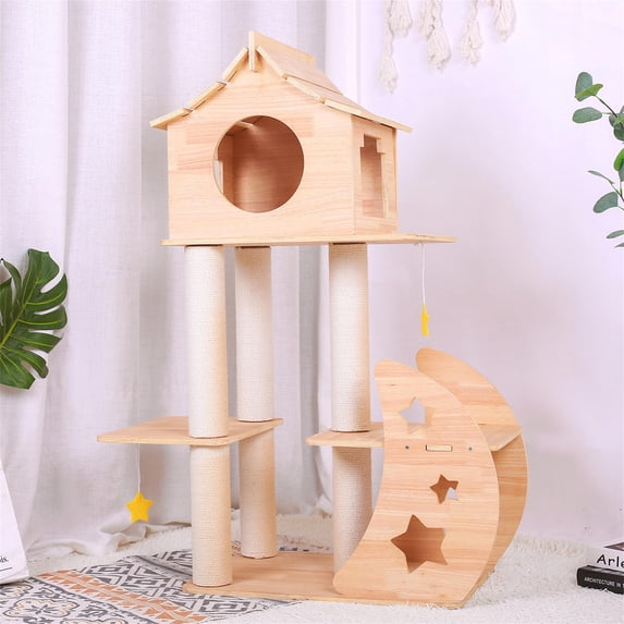 Pefilos 46" Cat Tree Tower for Indoor Cats, Multi-Level Wood Cat Condo for Large Cats with Top Cat Houses, Beige