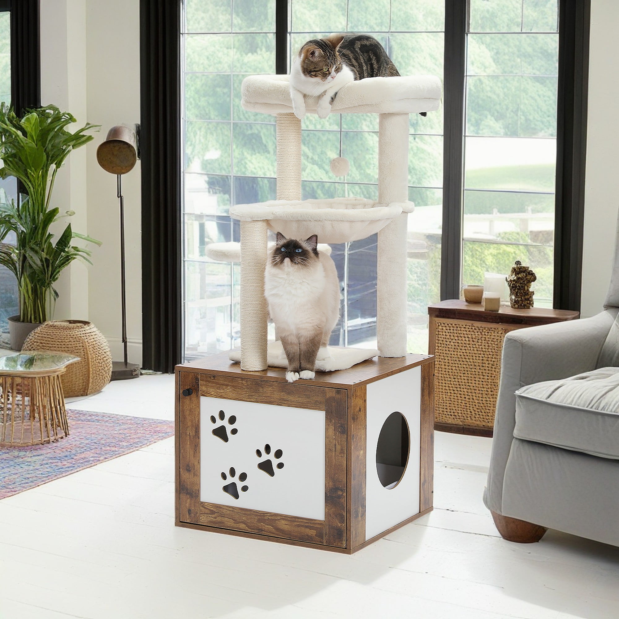 Pefilos 46" Cat Tree Tower with Litter Box Enclosure, Wood Cat Condo with Hammock, Cat Scratching Posts, Removable Top Perch, Brown Pefilos 46" Cat Tree Tower with Litter Box Enclosure, Wood Cat Condo with Hammock, Cat Scratching Posts, Removable Top Perch, Brown