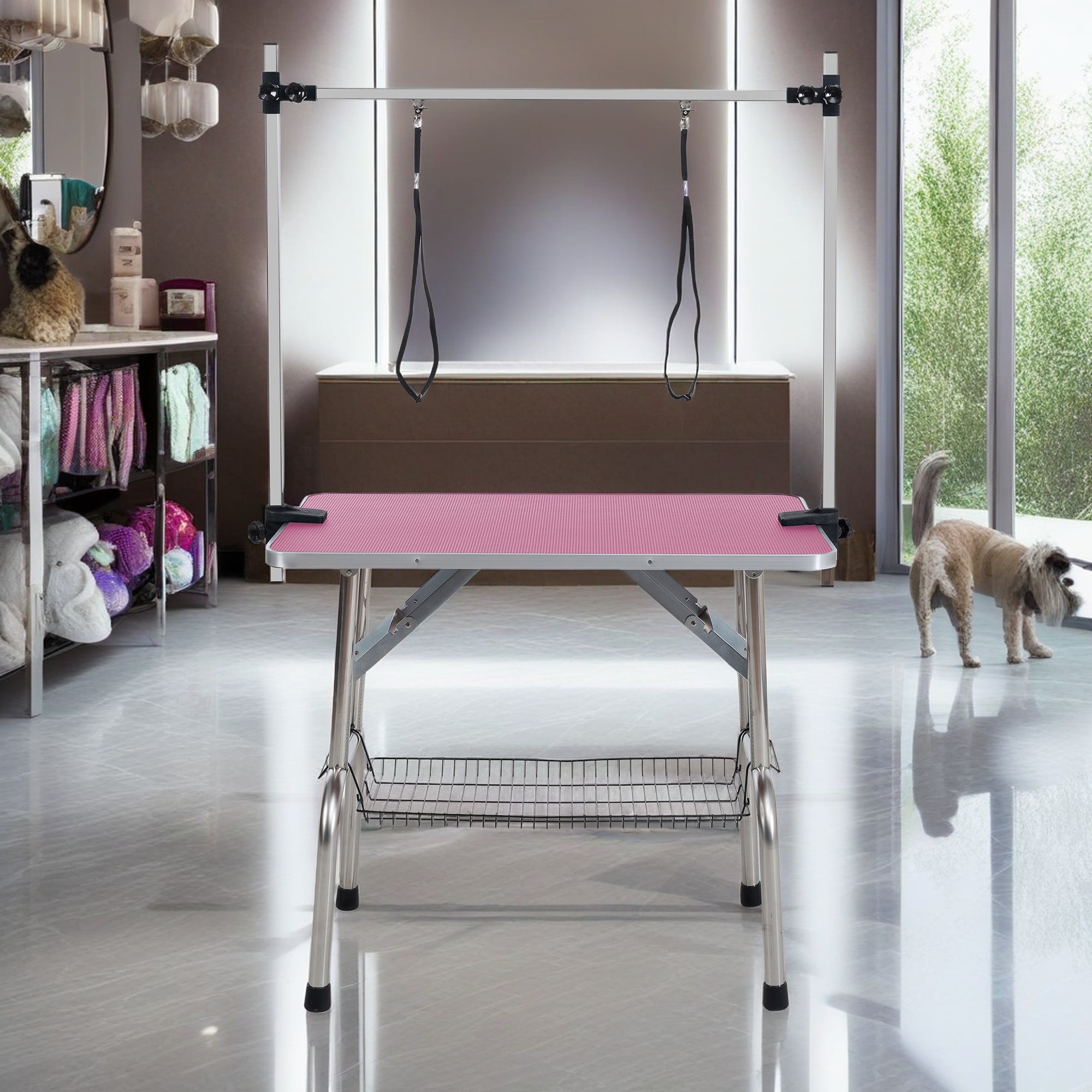 Pefilos 46" Dog Pet Grooming Table, Adjustable Arm Foldable Non-Slip Top, Rust-Proof, Waterproof, Warp-Free Trimming Table for Pets, Pink Pefilos 46" Dog Pet Grooming Table, Adjustable Arm Foldable Non-Slip Top, Rust-Proof, Waterproof, Warp-Free Trimming Table for Pets, Pink
