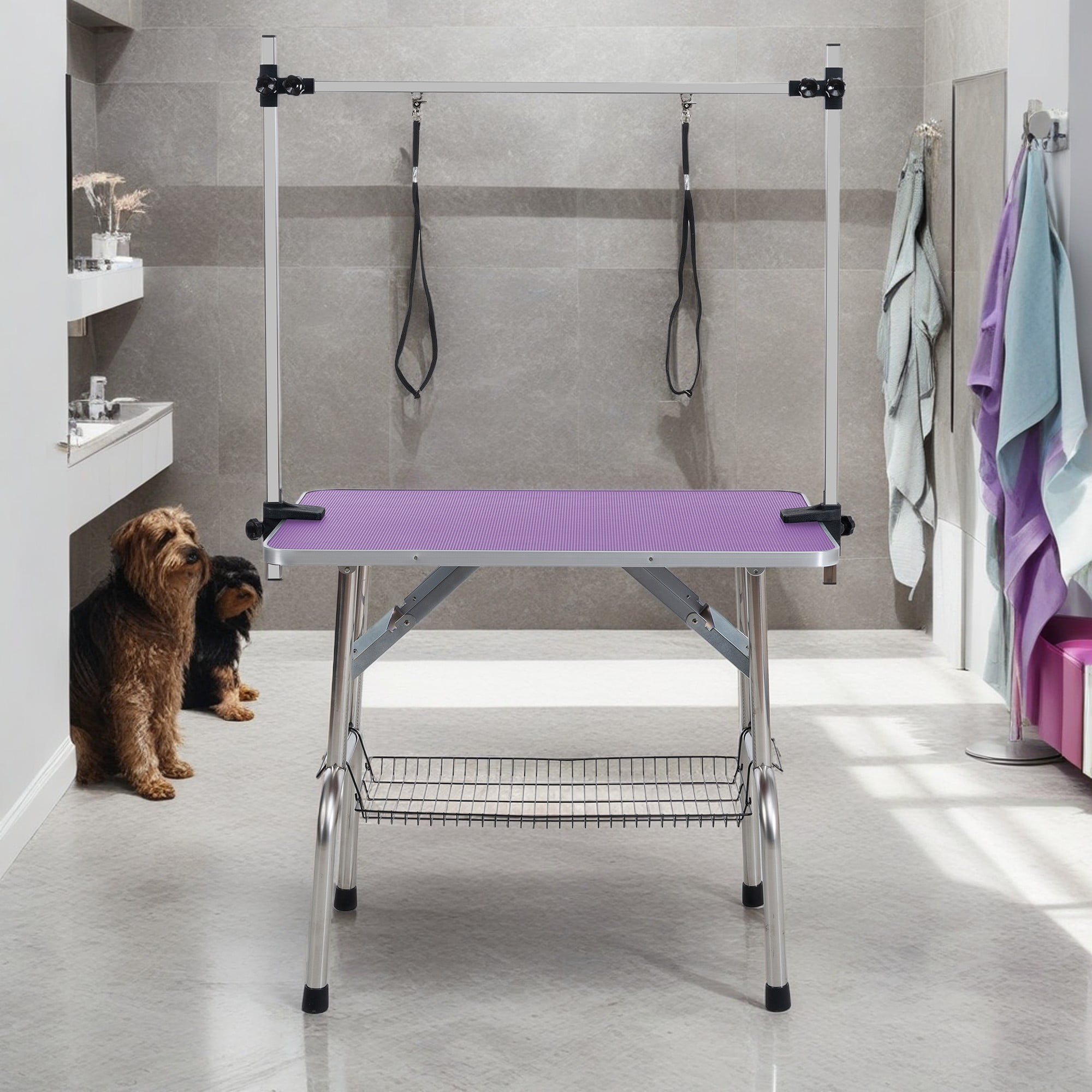 Pefilos 46" Dog Pet Grooming Table, Adjustable Arm Foldable Non-Slip Top, Rust-Proof, Waterproof, Warp-Free Trimming Table for Pets, Purple Pefilos 46" Dog Pet Grooming Table, Adjustable Arm Foldable Non-Slip Top, Rust-Proof, Waterproof, Warp-Free Trimming Table for Pets, Purple