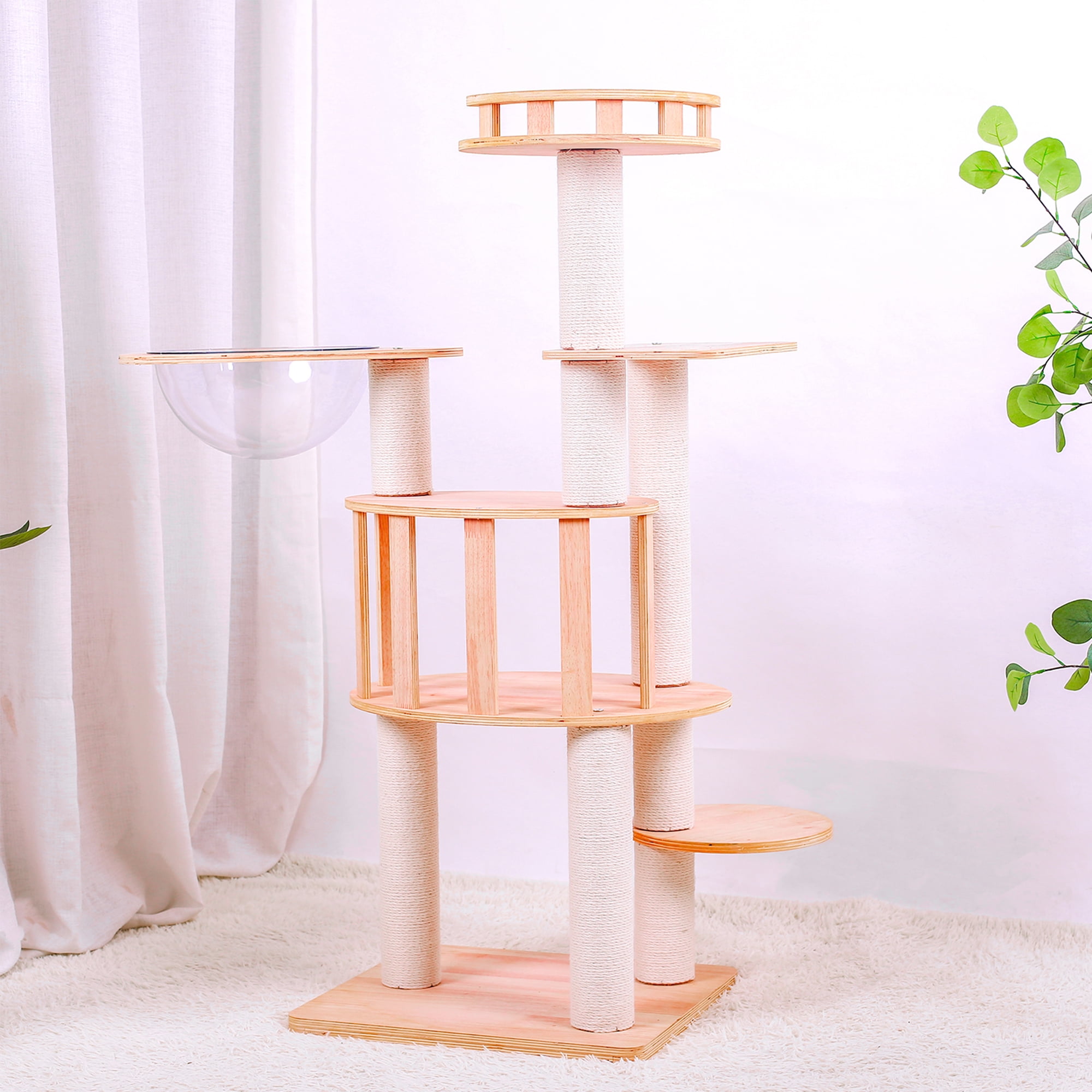 Pefilos 46" Modern Wooden Cat Tree Tower for Indoor Cats, Multi-Level Sturdy Cat Tree Play House Condo with Space Capsule, Beige Pefilos 46" Modern Wooden Cat Tree Tower for Indoor Cats, Multi-Level Sturdy Cat Tree Play House Condo with Space Capsule, Beige