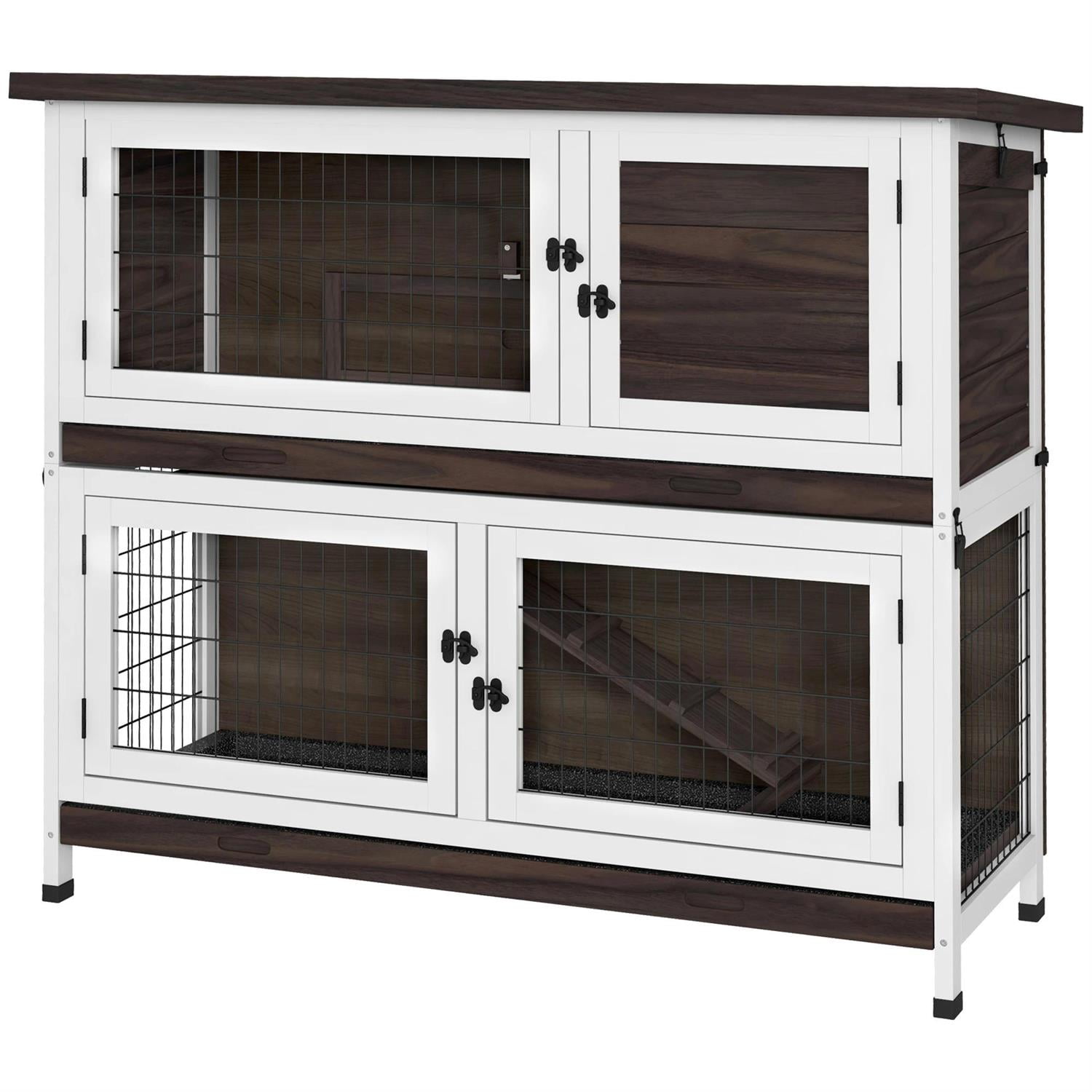 Pefilos 46" Outdoor Wooden Rabbit Hutch with Ramp, Removable Trays, Outdoor Bunny Enclosure Guinea Pig Cage for Small Animals, Brown