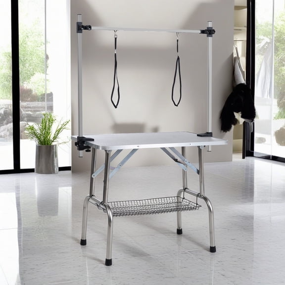 Pefilos 46" Pet Grooming Table for Large Dogs Adjustable Height Portable Trimming Table Drying Table w/Arm/Noose/Mesh Tray, Gray