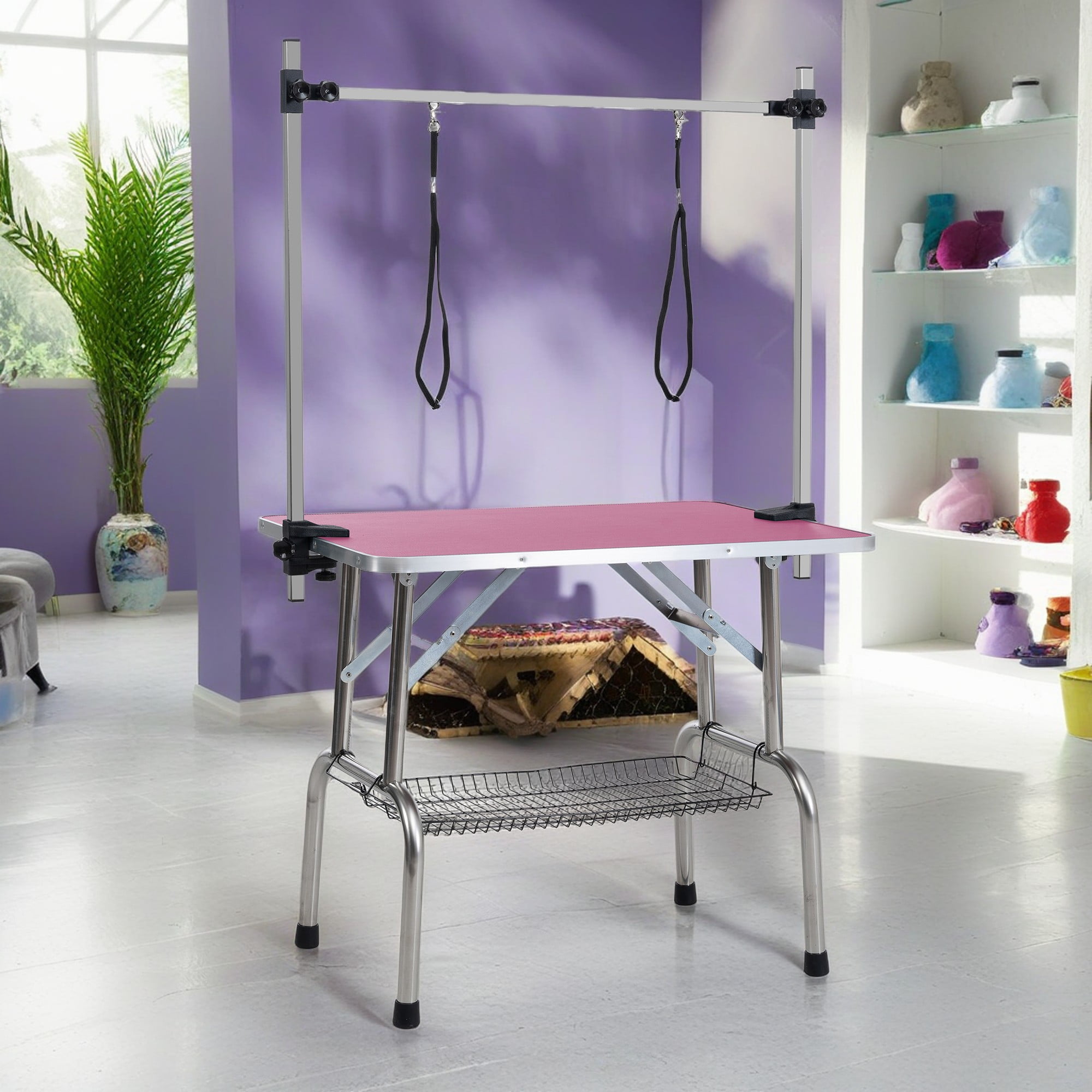 Pefilos 46" Pet Grooming Table for Large Dogs Adjustable Height Portable Trimming Table Drying Table w/Arm/Noose/Mesh Tray, Pink Pefilos 46" Pet Grooming Table for Large Dogs Adjustable Height Portable Trimming Table Drying Table w/Arm/Noose/Mesh Tray, Pink
