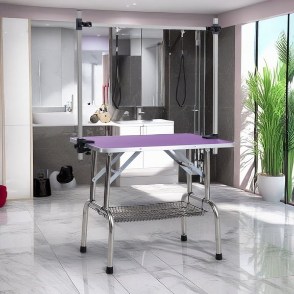 Pefilos 46" Pet Grooming Table for Large Dogs Adjustable Height Portable Trimming Table Drying Table w/Arm/Noose/Mesh Tray, Purple