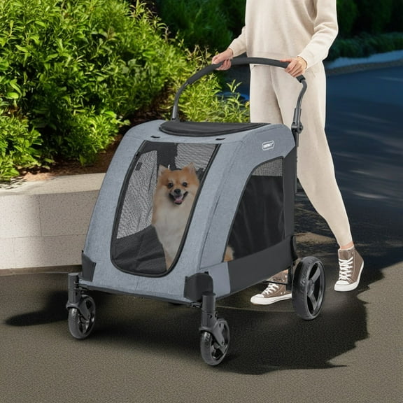Pefilos 46" Pet Stroller 4 Wheels Extra Large Dog Cat Stroller, Carrier Jogger Travel Foldable Puppy Stroller with Dual Entry, Gray