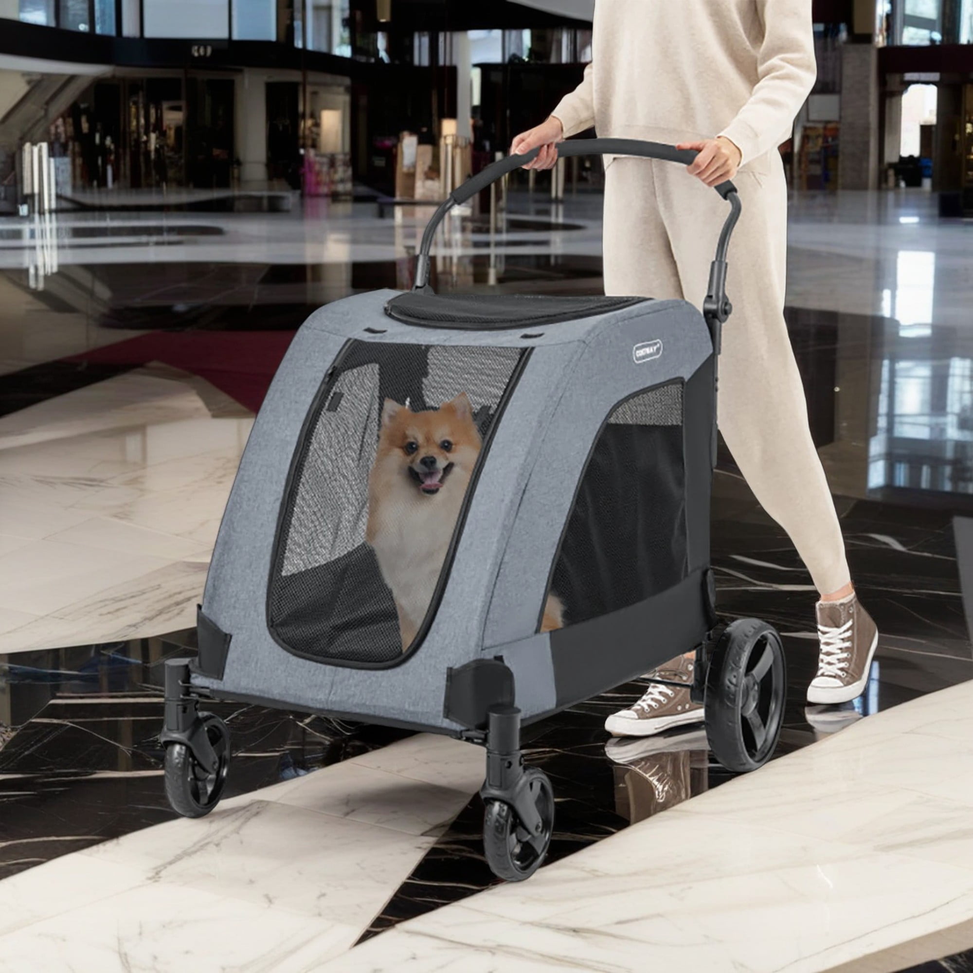 Pefilos 46" Pet Stroller Dog Cat Cage Jogger Stroller, 4 Wheels Extra Large Travel Foldable Carrier Puppy Stroller with Dual Entry, Gray Pefilos 46" Pet Stroller Dog Cat Cage Jogger Stroller, 4 Wheels Extra Large Travel Foldable Carrier Puppy Stroller with Dual Entry, Gray