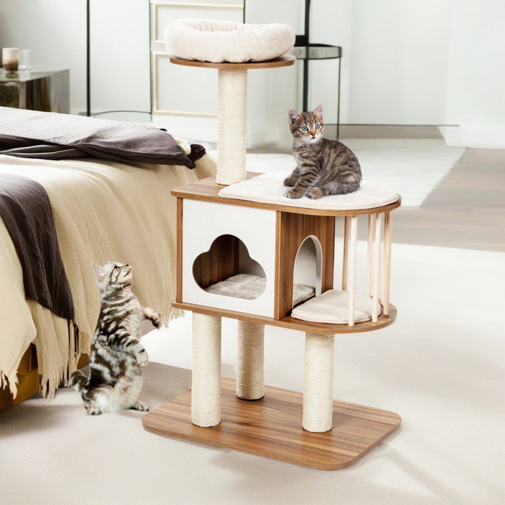 Pefilos 46" Wood Cat Tree Tower Furniture, Cat Condo with Platform, Cushionsfor, Scratch Post for Kittens Cat Tree House, Brown Pefilos 46" Wood Cat Tree Tower Furniture, Cat Condo with Platform, Cushionsfor, Scratch Post for Kittens Cat Tree House, Brown