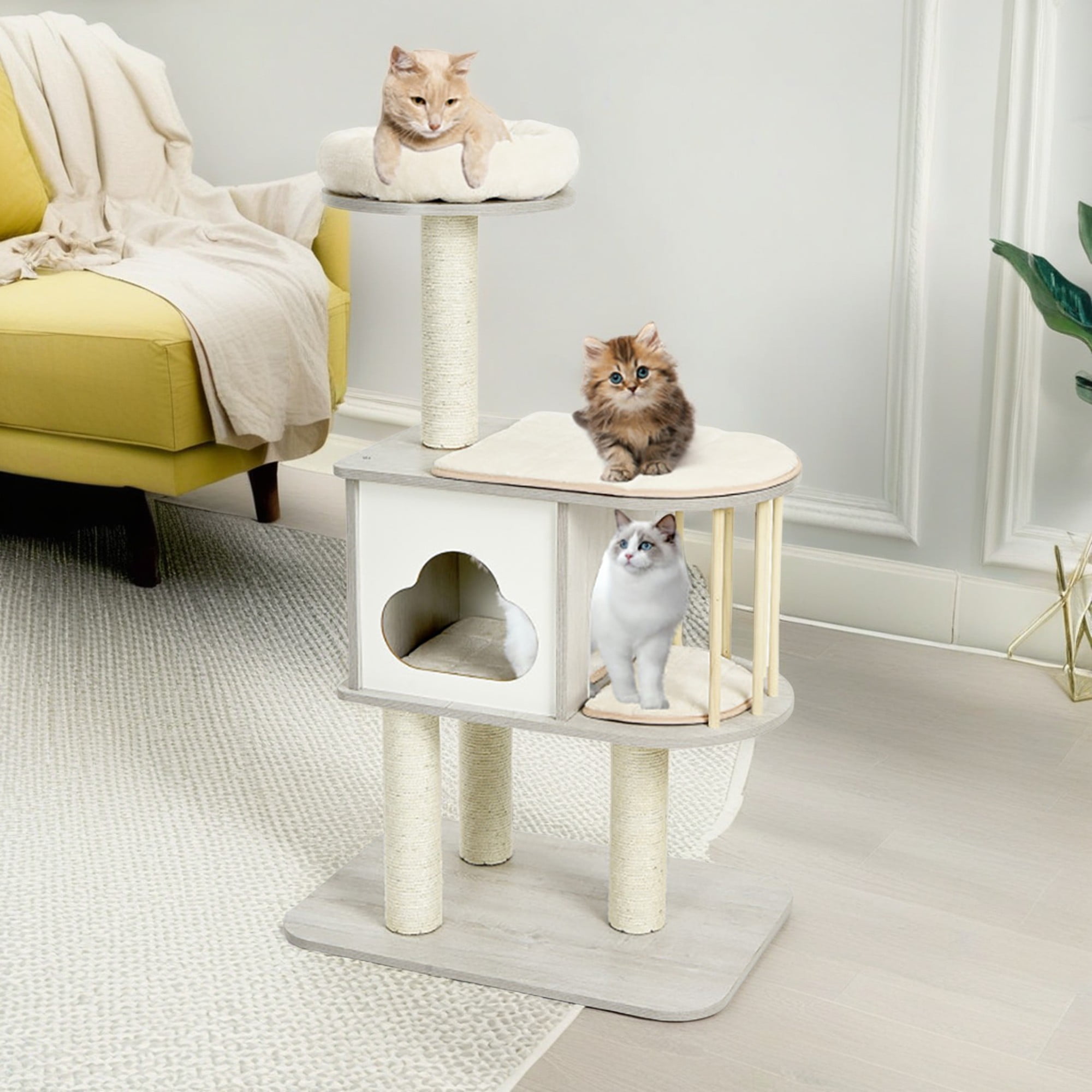 Pefilos 46" Wood Cat Tree Tower Furniture, Cat Condo with Platform, Cushionsfor, Scratch Post for Kittens Cat Tree House, Gray Pefilos 46" Wood Cat Tree Tower Furniture, Cat Condo with Platform, Cushionsfor, Scratch Post for Kittens Cat Tree House, Gray