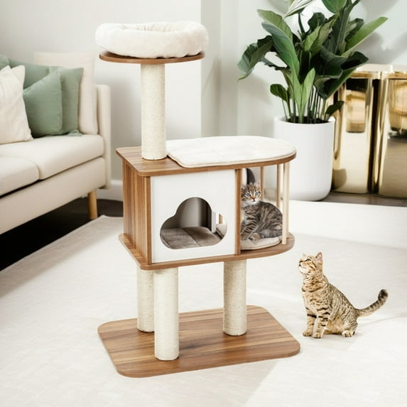 Pefilos 46" Wood Cat Tree Tower for Indoor Cats, Multi-Level Cat Condo with Scratching Posts, Washable Removable Cushions, Cat Tree House, Brown