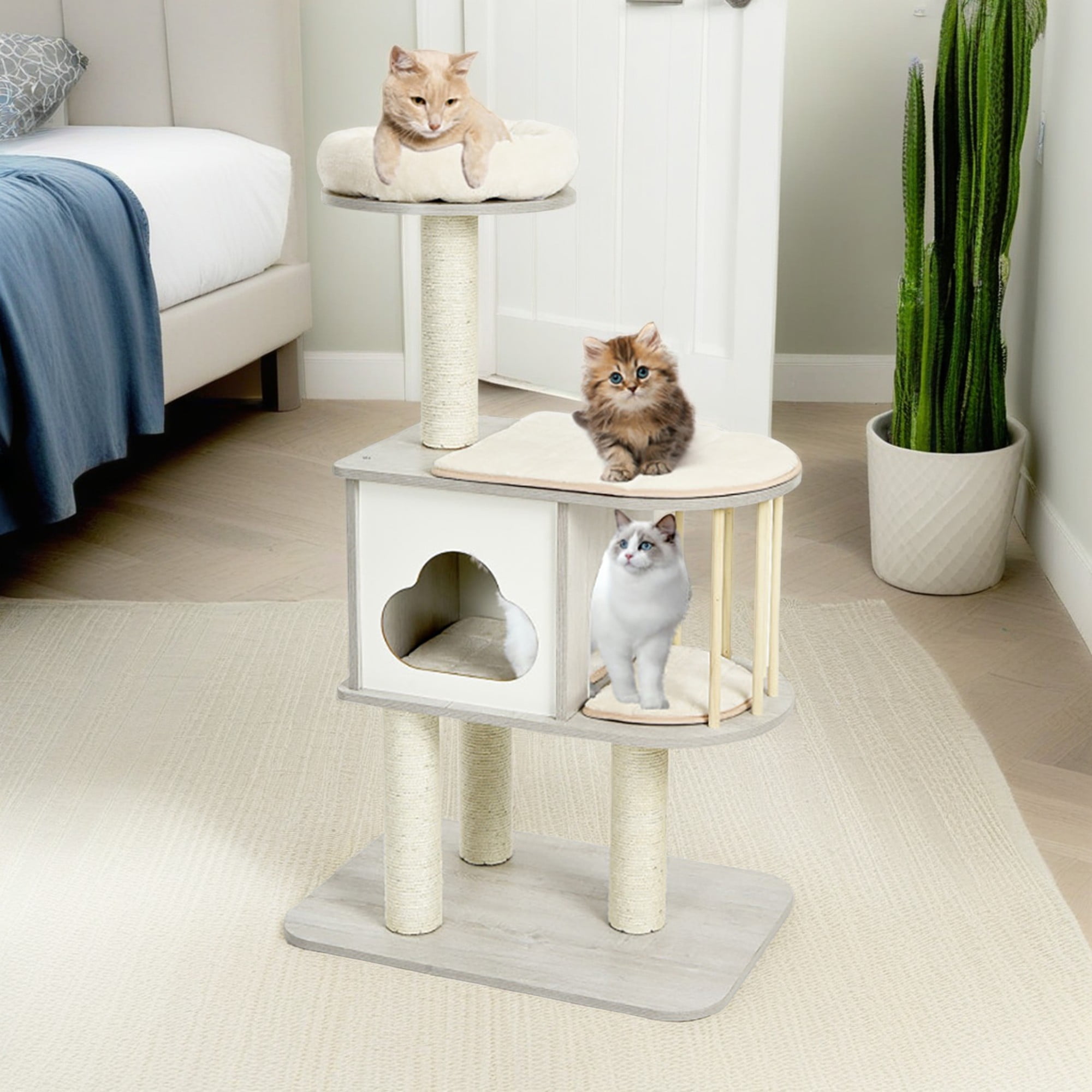 Pefilos 46" Wood Cat Tree Tower for Indoor Cats, Multi-Level Cat Condo with Scratching Posts, Washable Removable Cushions, Cat Tree House, Gray Pefilos 46" Wood Cat Tree Tower for Indoor Cats, Multi-Level Cat Condo with Scratching Posts, Washable Removable Cushions, Cat Tree House, Gray