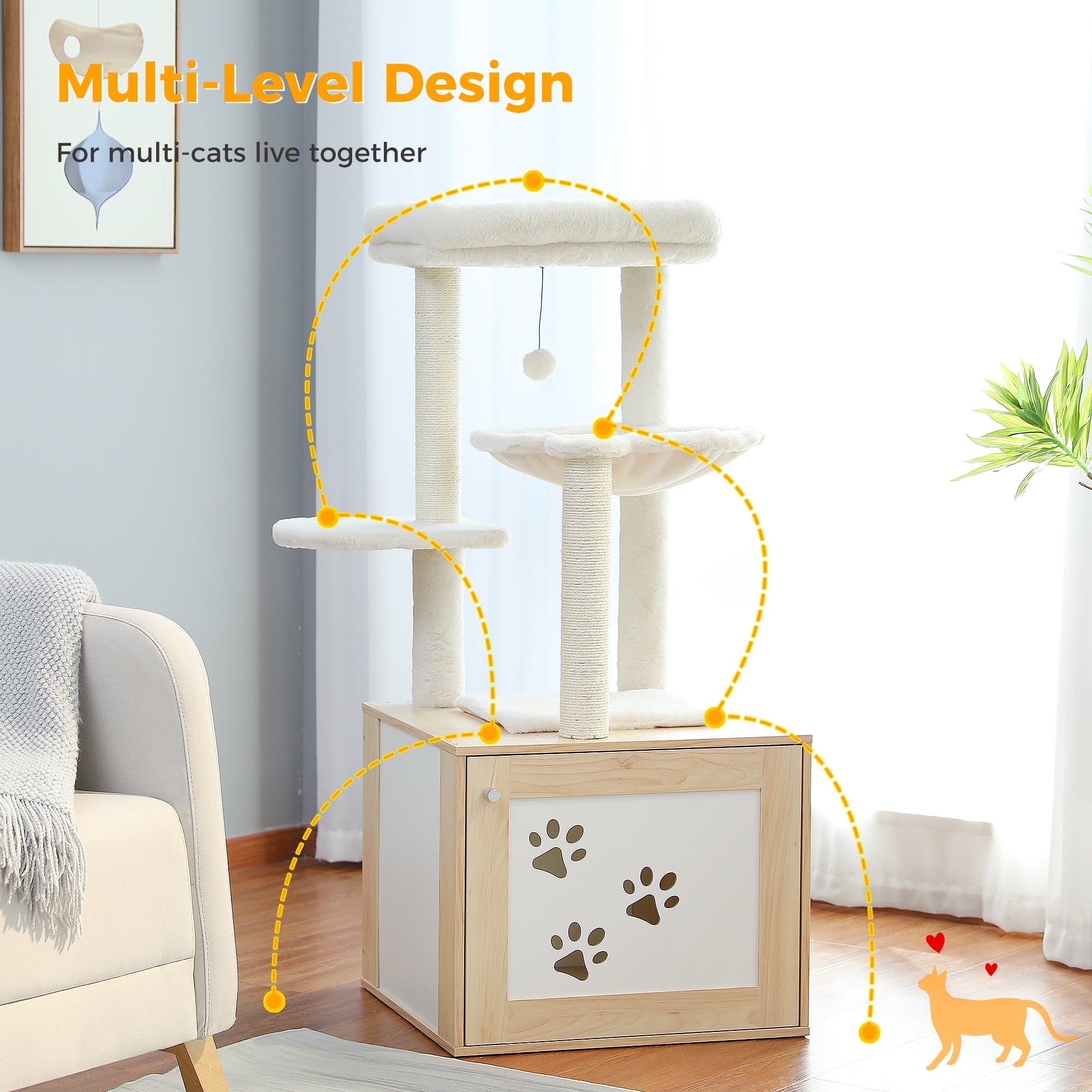 Pefilos 46" Wood Cat Tree Tower with Litter Box Enclosure, Cat Condo, Hammock, Cat Scratching Posts, Removable Top Perch, Beige Pefilos 46" Wood Cat Tree Tower with Litter Box Enclosure, Cat Condo, Hammock, Cat Scratching Posts, Removable Top Perch, Beige