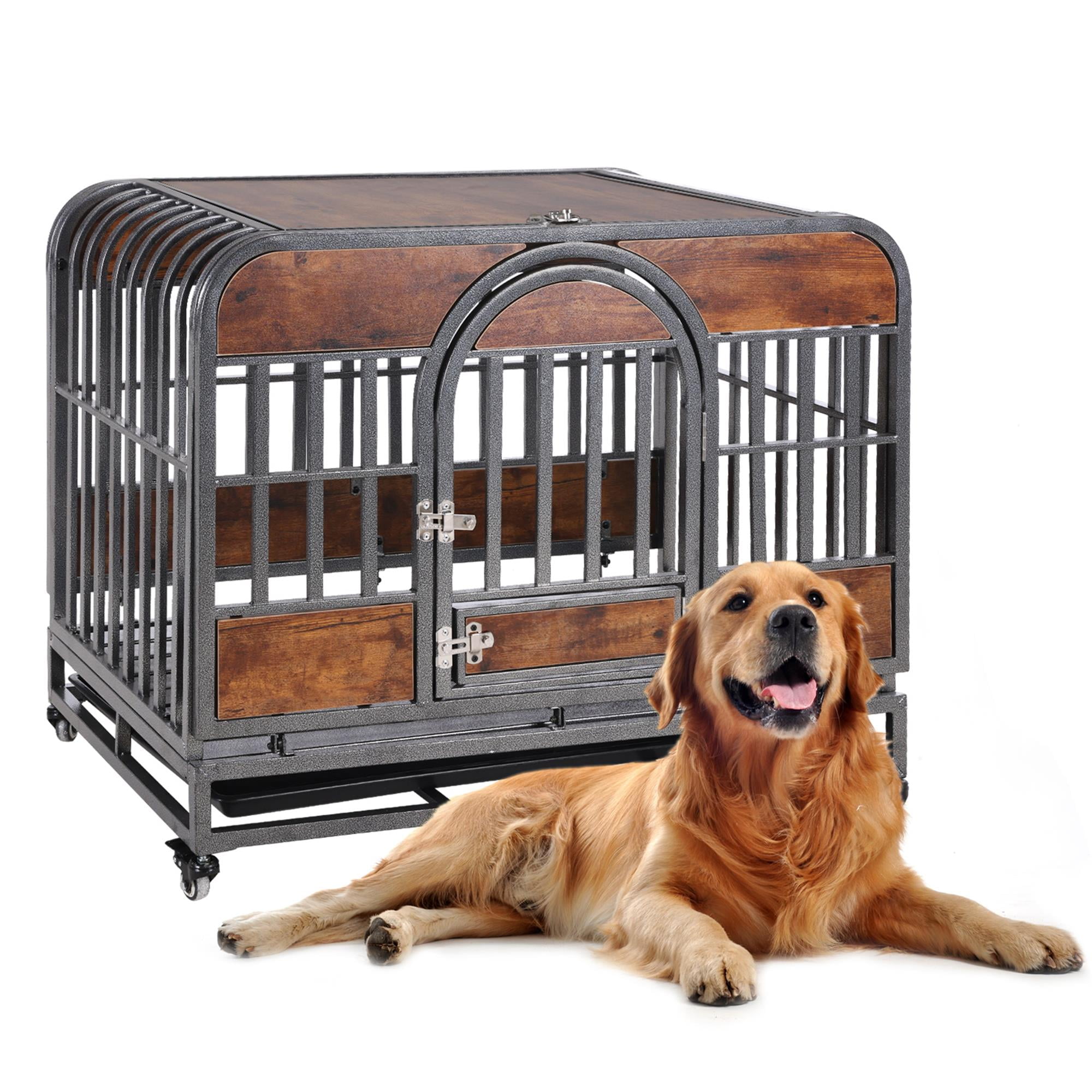 Pefilos 46in Heavy Duty Dog Crate, Furniture Style Dog Cage with Removable Trays and Wheels for High Anxiety Dogs, Brown Pefilos 46in Heavy Duty Dog Crate, Furniture Style Dog Cage with Removable Trays and Wheels for High Anxiety Dogs, Brown