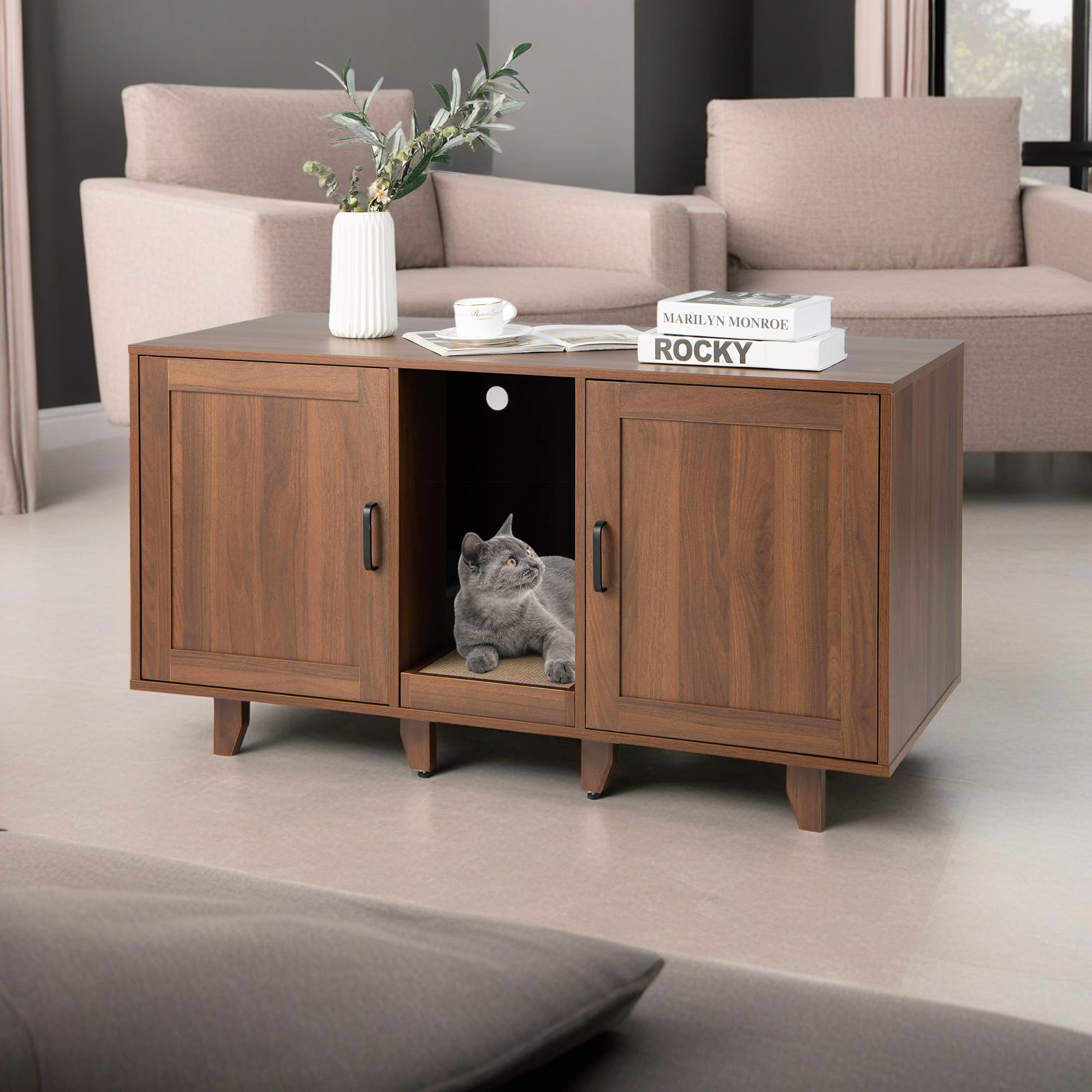 Pefilos 47" 2-Door Cat Litter Box Enclosure with Winding Entry and Scratching Board, Hidden Cat House Washroom Furniture, Brown Pefilos 47" 2-Door Cat Litter Box Enclosure with Winding Entry and Scratching Board, Hidden Cat House Washroom Furniture, Brown