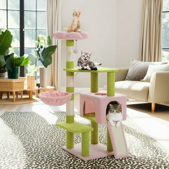 Pefilos 47" Cat Tree House for Indoor Cats, Cat Condo with Sisal Scratching Posts, Cat Tower with Pink Top Perch for Kittens, Pink