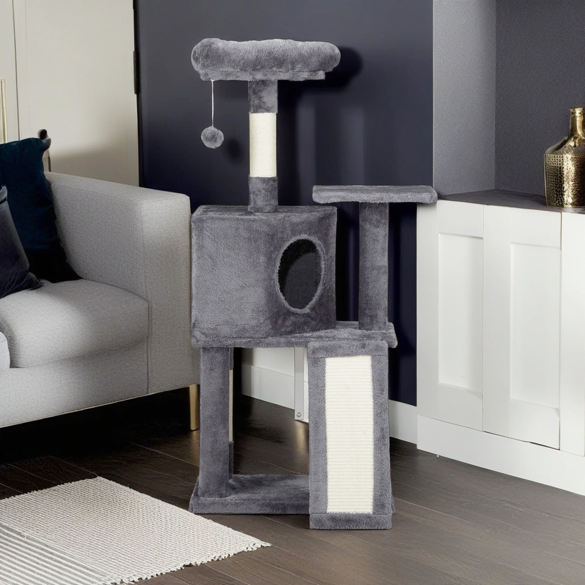 Pefilos 47" Cat Tree Tower for Indoor Cats, Large Cozy Cat Condo with Padded Platform Bed, Toy Balls, Scratch Board, Gray Pefilos 47" Cat Tree Tower for Indoor Cats, Large Cozy Cat Condo with Padded Platform Bed, Toy Balls, Scratch Board, Gray