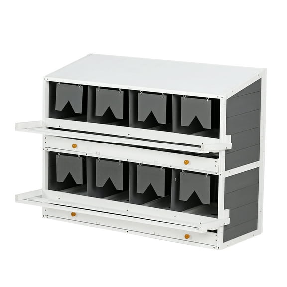 Pefilos 47" Chicken Nesting Box for Laying Eggs, Wood 8 Compartments Egg Laying Boxes for Hens with 2 Roll Out Egg Collection Drawers, 2 Foldable Perches, Gray