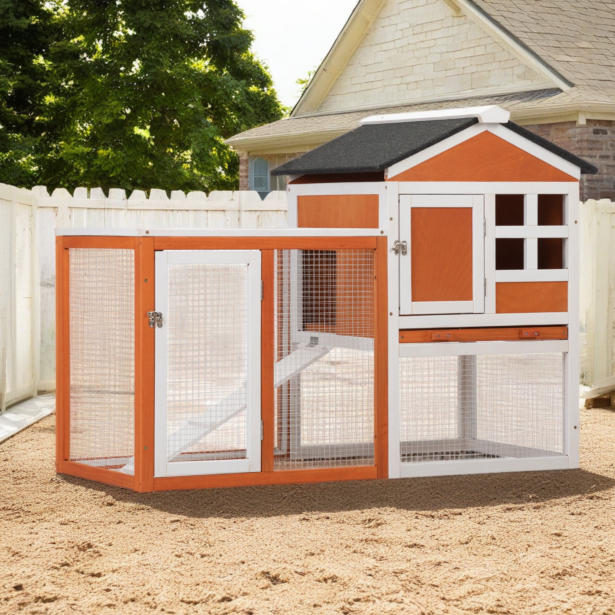Pefilos 47 Movable Deluxe Wooden Bunny Hutch Chicken Coop with Run No Leak Tray UV Panel Walmart