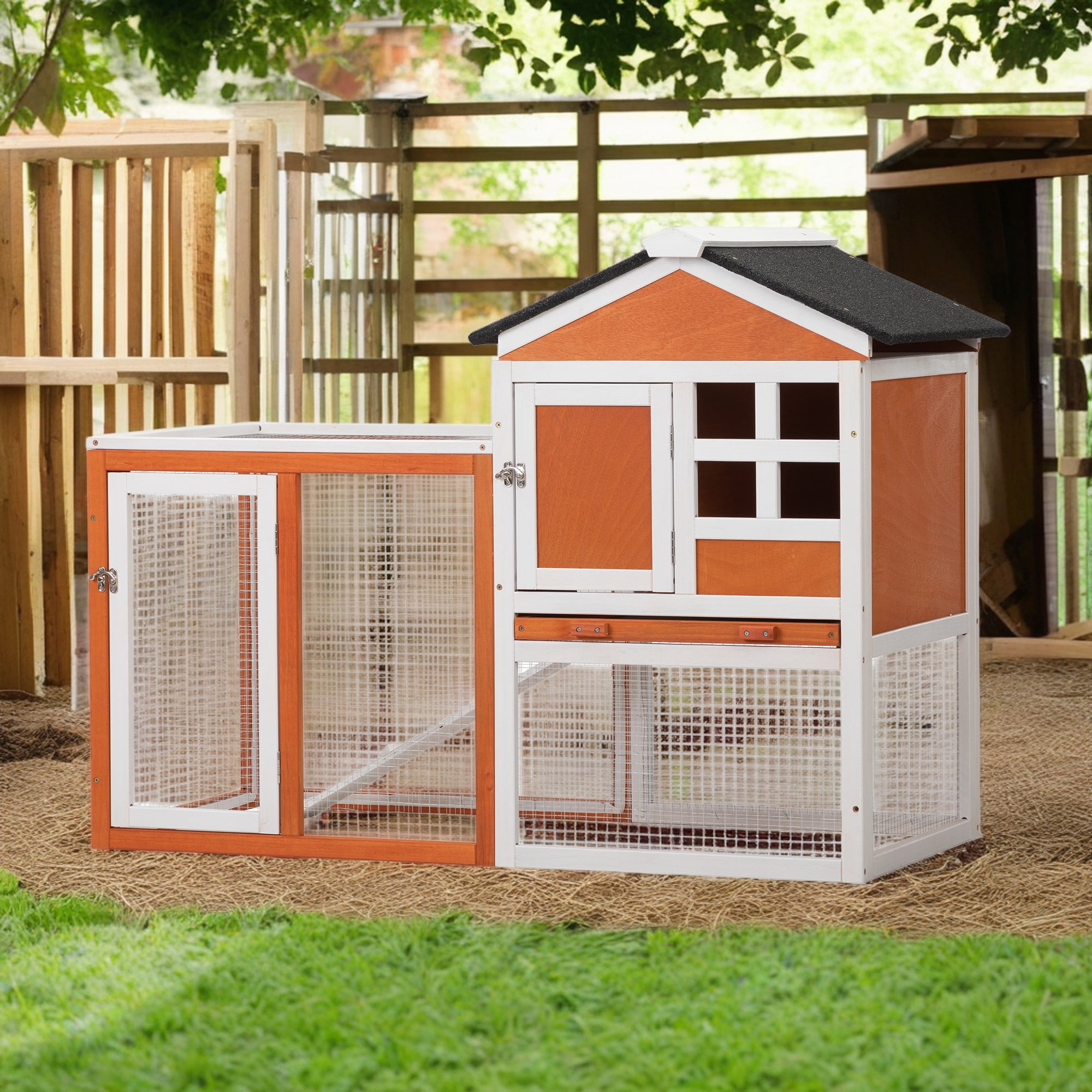 Pefilos 47" Deluxe Wooden Chicken Coop Hen House, Rabbit Wood Hutch, Indoor Outdoor Bunny Cage with Run, No Leak Tray and UV Panel, Natural