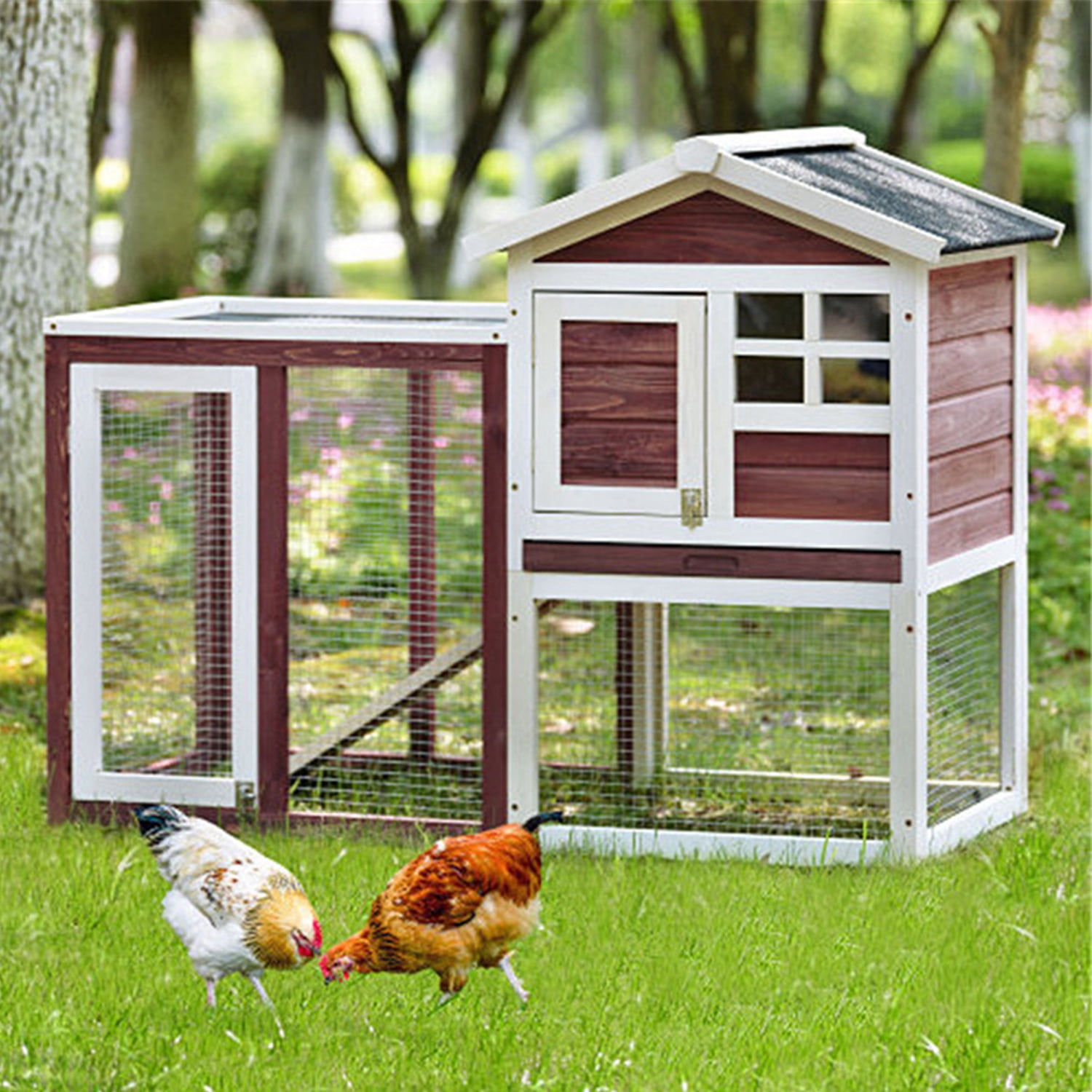 Pefilos 47" Deluxe Wooden Chicken Coop Hen House, Rabbit Wood Hutch, Indoor Outdoor Bunny Cage with Run, No Leak Tray and UV Panel, Wine Red Pefilos 47" Deluxe Wooden Chicken Coop Hen House, Rabbit Wood Hutch, Indoor Outdoor Bunny Cage with Run, No Leak Tray and UV Panel, Wine Red