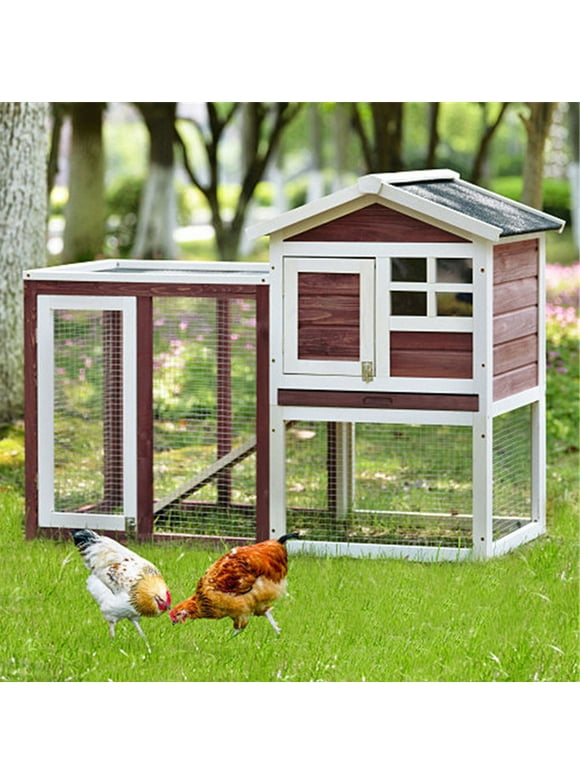 Pefilos 47" Deluxe Wooden Chicken Coop Hen House, Rabbit Wood Hutch, Indoor Outdoor Bunny Cage with Run, No Leak Tray and UV Panel, Wine Red