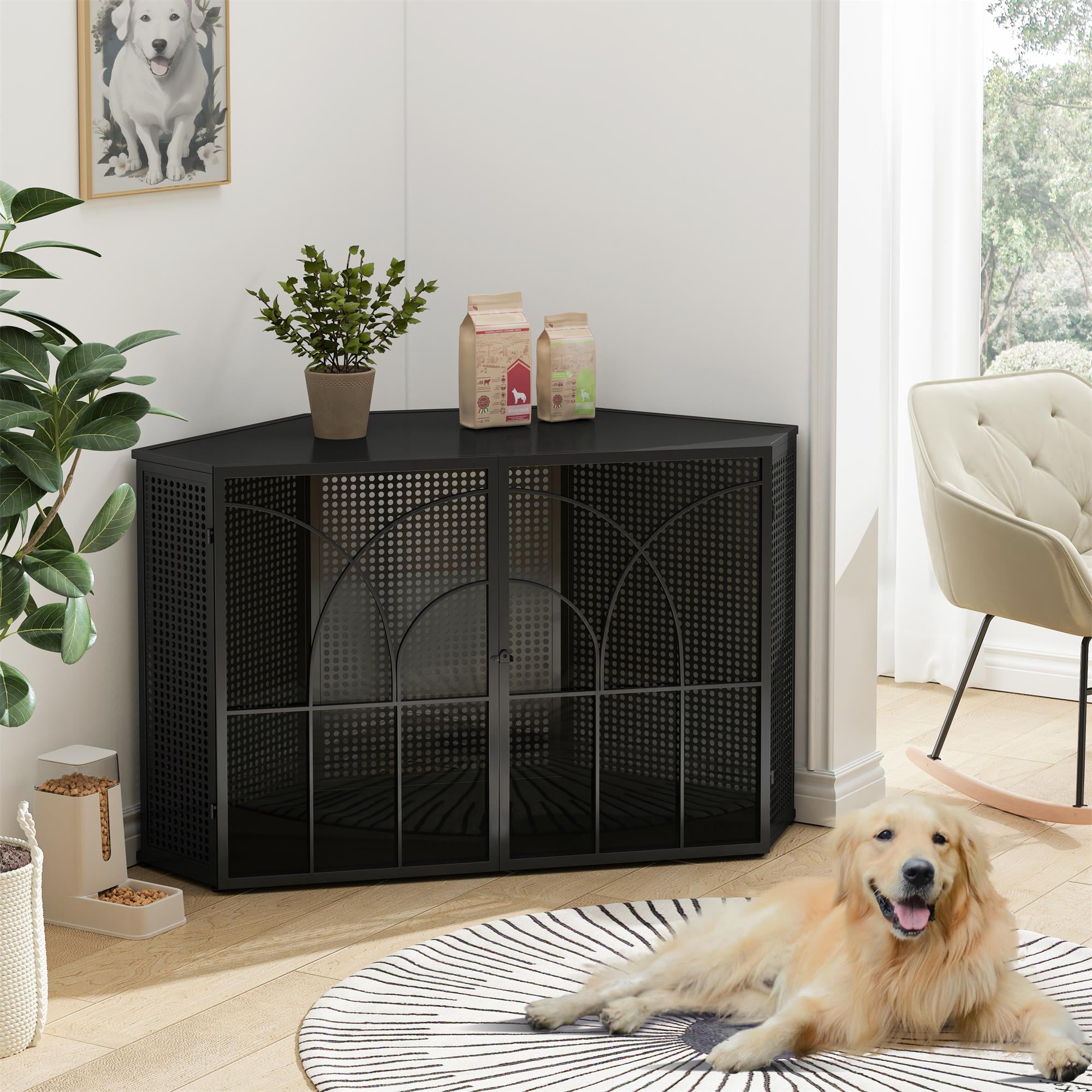 Black 47" Modern Metal and Glass Dog Crate