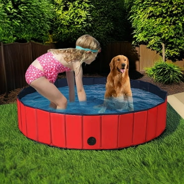 Pefilos 63" Foldable Dog Pool Large Pet Pool Bathing Tub Outside Kiddie Pool for Dogs Cats and Kids, Red, L