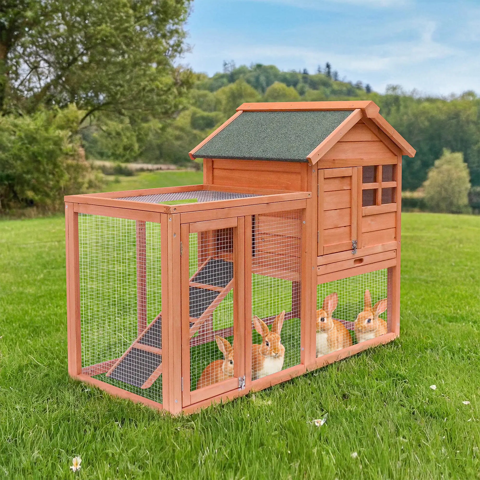 Pefilos 47" Large Bunny Hutch Hen House 2 Story Rabbit Cage, Guinea Pig Cages, Orange