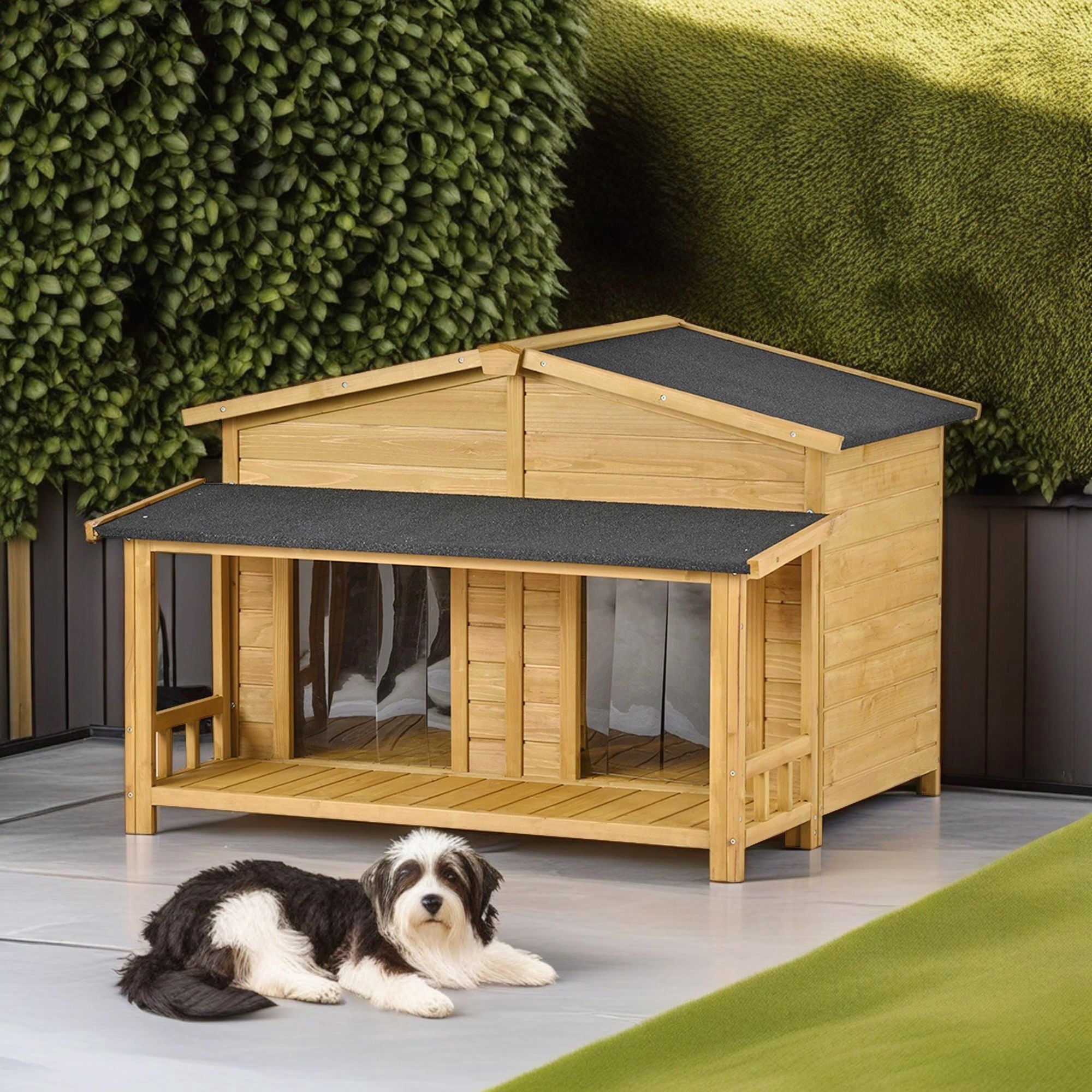 Pefilos 47" Large Wooden Dog House for Outdoor and Indoor, Cat Shelter with 2 Doors and Porch, Cabin Style Pet Kennel, Beige