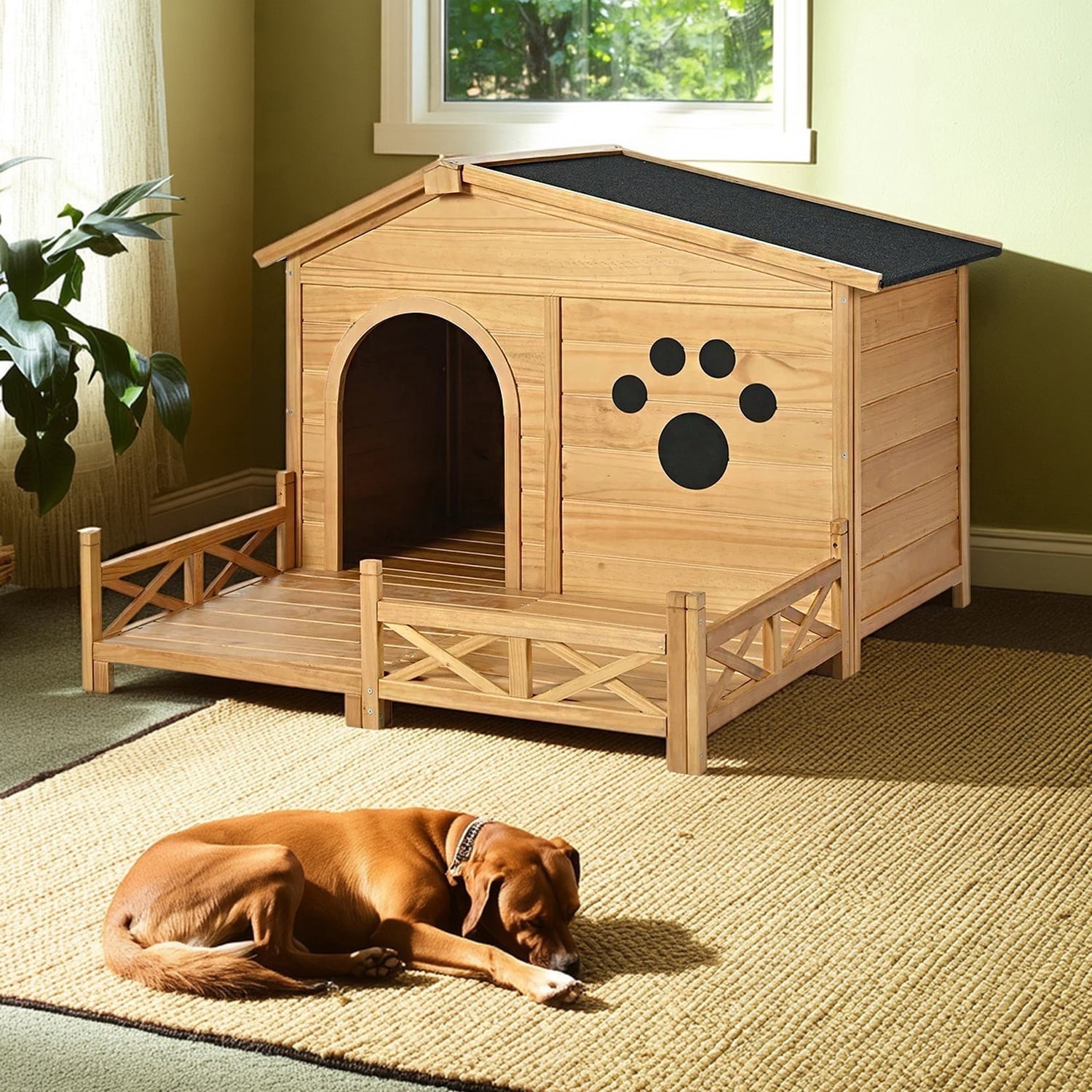 Pefilos 48" Large Wooden Dog House for Outdoor and Indoor, Cat Shelter with Doors and Porch, Cabin Style Pet Kennel for Medium Dogs, Gray
