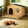 thumbnail image 1 of Pefilos 48" Large Wooden Dog House for Outdoor and Indoor, Cat Shelter with Doors and Porch, Cabin Style Pet Kennel for Medium Dogs, Gray, 1 of 8