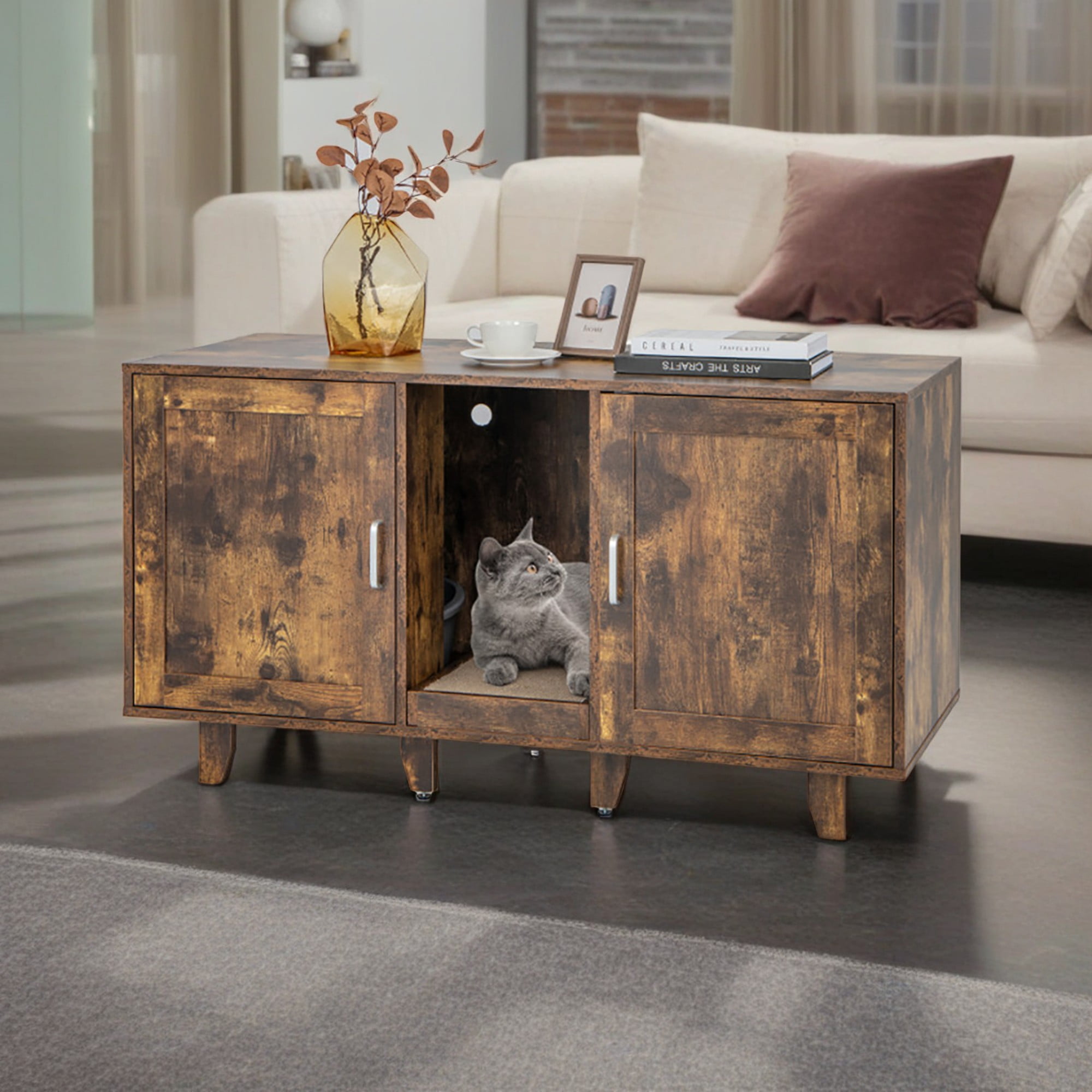 Pefilos 47" Litter Box Enclosure for 2 Litter Boxes, Hidden Cat Washroom with 2 Cabinet House, Scratching Board, Indoor Cat Litter Furniture, Dark Brown Pefilos 47" Litter Box Enclosure for 2 Litter Boxes, Hidden Cat Washroom with 2 Cabinet House, Scratching Board, Indoor Cat Litter Furniture, Dark Brown